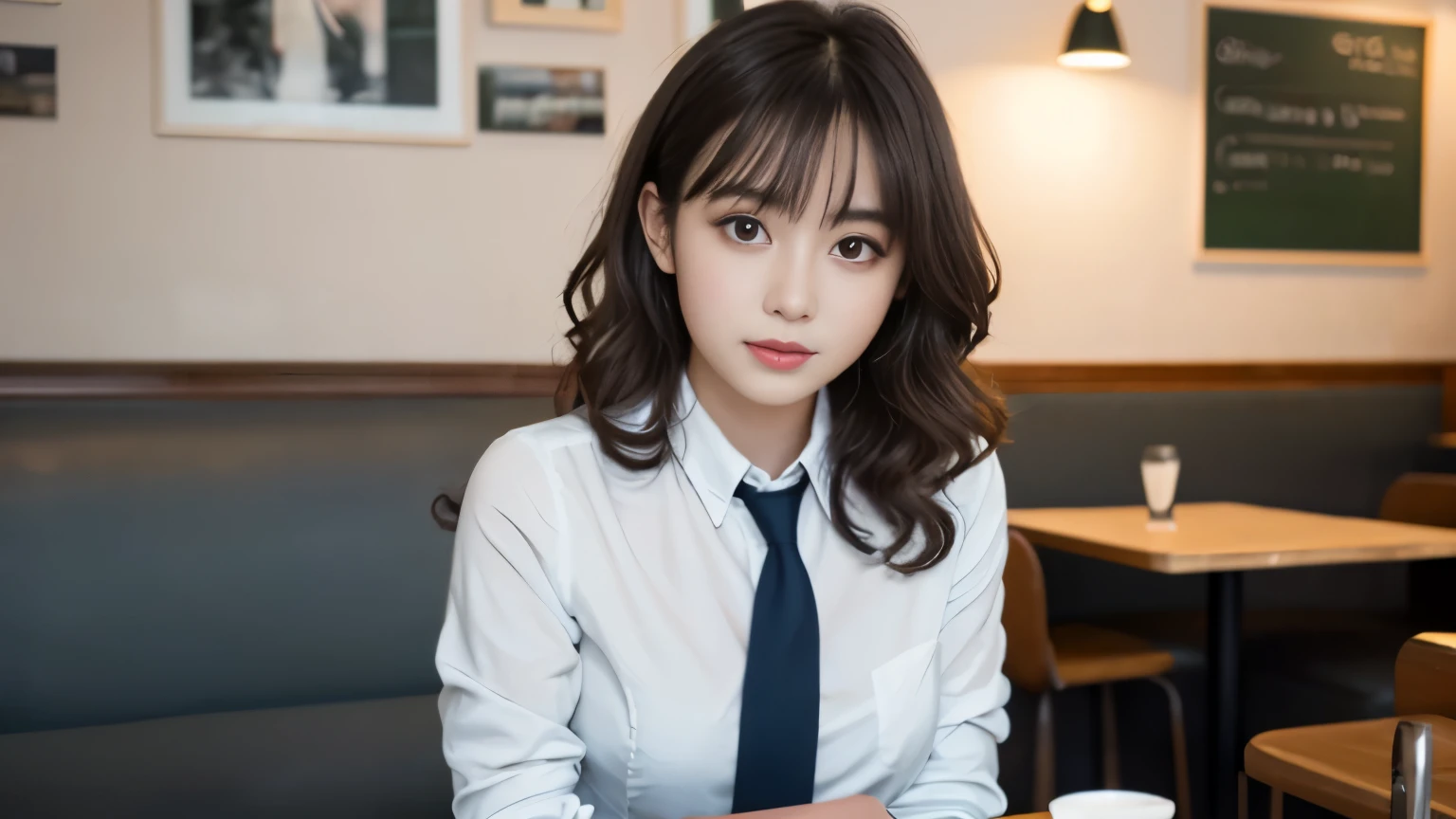 8K, highest quality, real image, intricate details, Super detailed, ultra high resolution, depth field,(realistic,realistic:1.2),table top , front shot , Photographed at a stylish cafe , girl, とても美しい17歳のgirl, innocent big eyes,、beautiful breasts:1.5、highly detailed eyes:1.2)、wavy hair、curly hair、bangs、, perfect skin, Fair skin, tight waist, light blush,  look at the viewer,((School_uniform),(blazer), (white shirt、wear a tie), (gray pleated skirt), (sculpture installation :1.1), urban cafe space, Customers enjoying cafe around