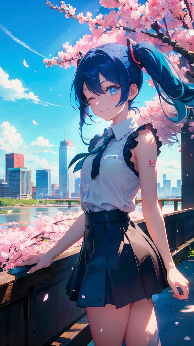1 anime girl, alone,Black petals flutter, A mysteriously shining butterfly.city,bright blue hair,blue gem eyes,Hatsune Miku,twin tails,thin legs,very clear,highest quality,smile,close up of face,cherry blossoms,look up at the sky,blue sky,eyes closed,Hold your hand over the sun