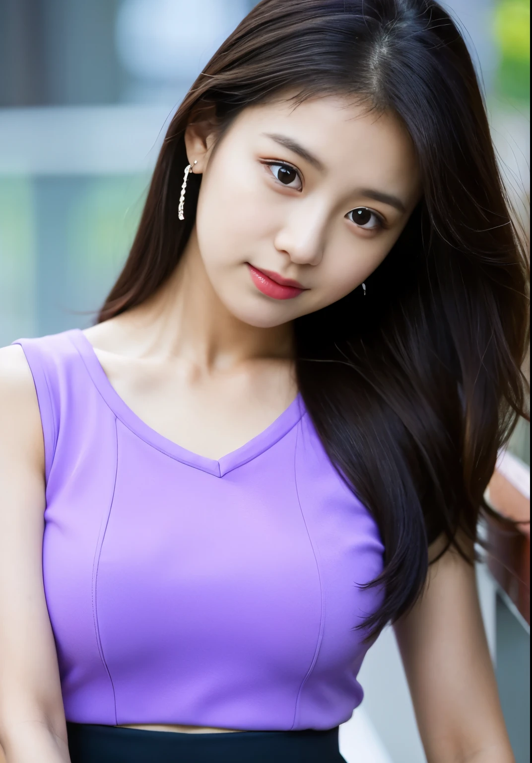 a close up of a woman in a purple top and blue skirt, korean girl, beautiful south korean woman, gorgeous young korean woman, tzuyu from twice, beautiful young korean woman, korean woman, jaeyeon nam, korean women's fashion model, jinyoung shin, portrait of female korean idol, korean idol, heonhwa choe, hwang se - on