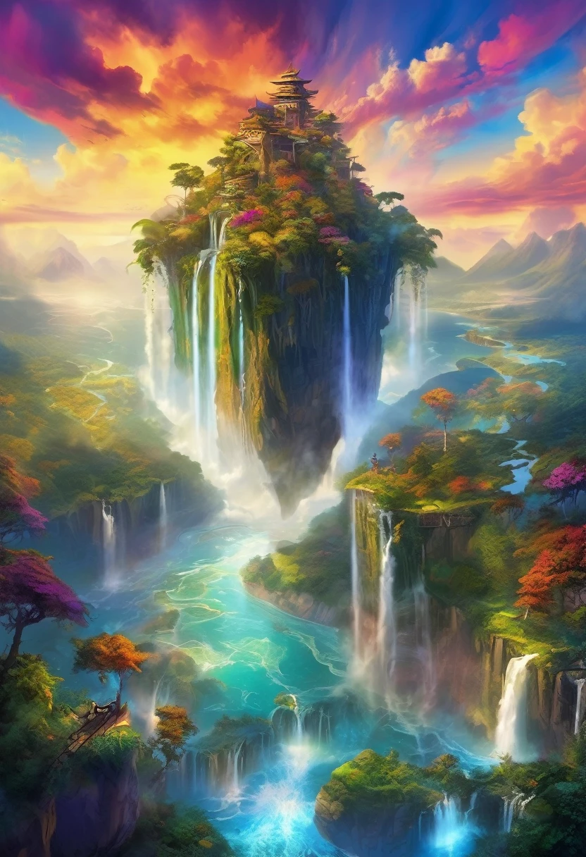 Artwork, top quality, better quality, flying islands, waterfalls cascading down from islands, fantasy worlds, spectacular panoramas, colorful clouds, flashy colors,