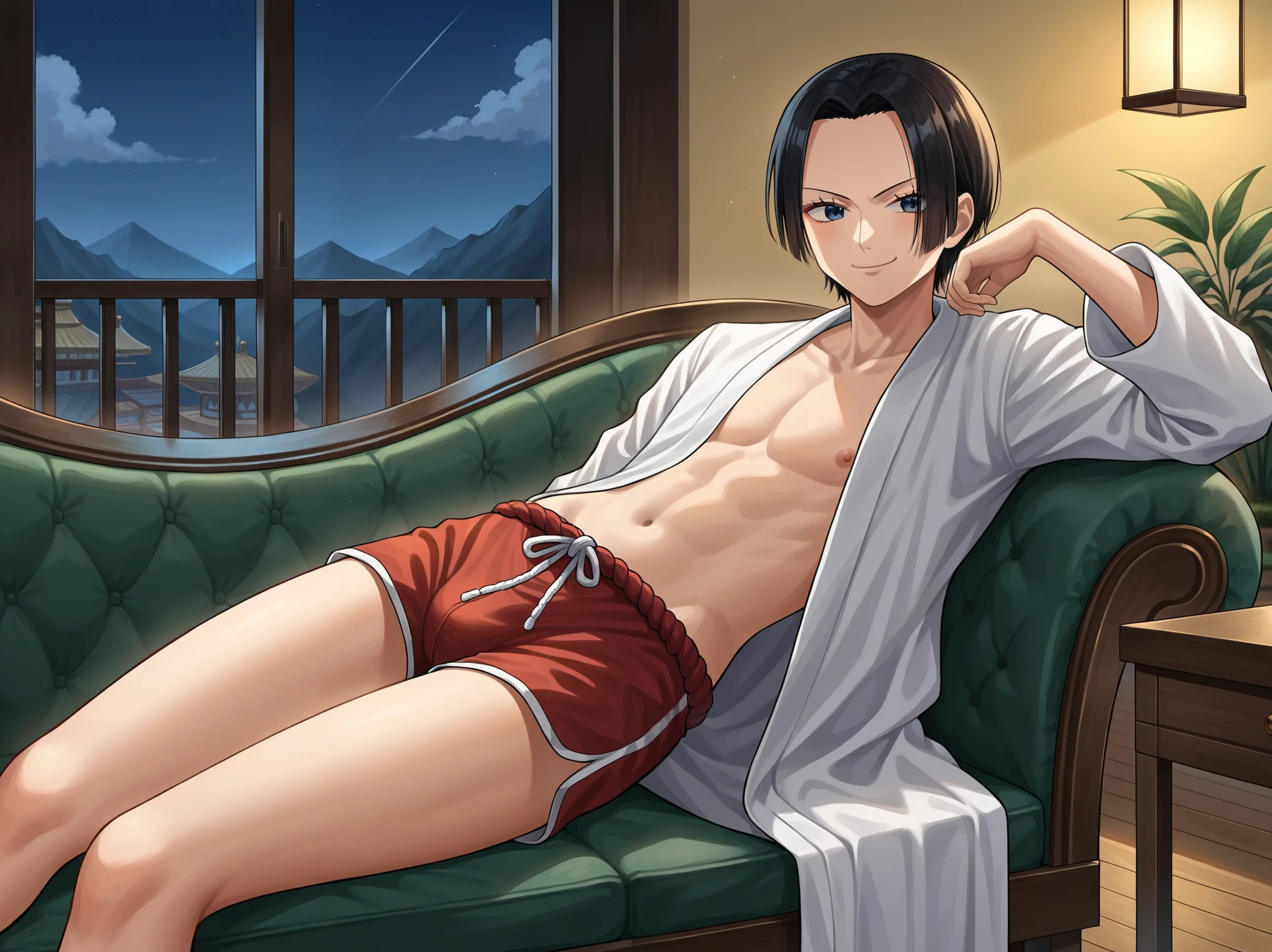 source_anime,score_9,score_8_up, score_7_up, 1boy,solo,outdoors,one piece, boa hancock, couch, indoors, seductive, face closeup, ((closed mouth)), smirk, thighs, long shot, balcony, mountain and riverbackground, fancy, white couch, laying, leaning, front view, red underwear, shorts with rope outline, white robe, genderswap, genderbend, bulge, genderbend ftm, ftm, short hair, femboy, Japanese rope underwear, shota, young, very young, aged down, lole, tiny, night time, smug, smirk, night, after dark
