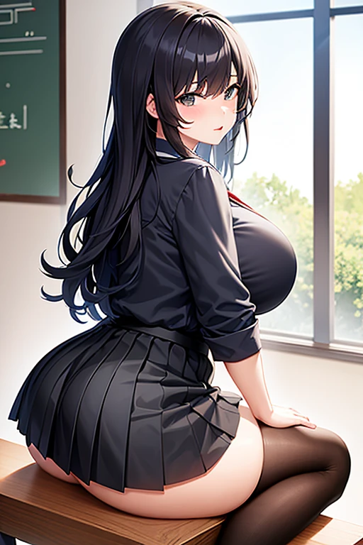 1 girl，Double tail，Good facial features，huge ，big fat man，Black short-sleeved school uniform，sit on the table，Black pleated skirt