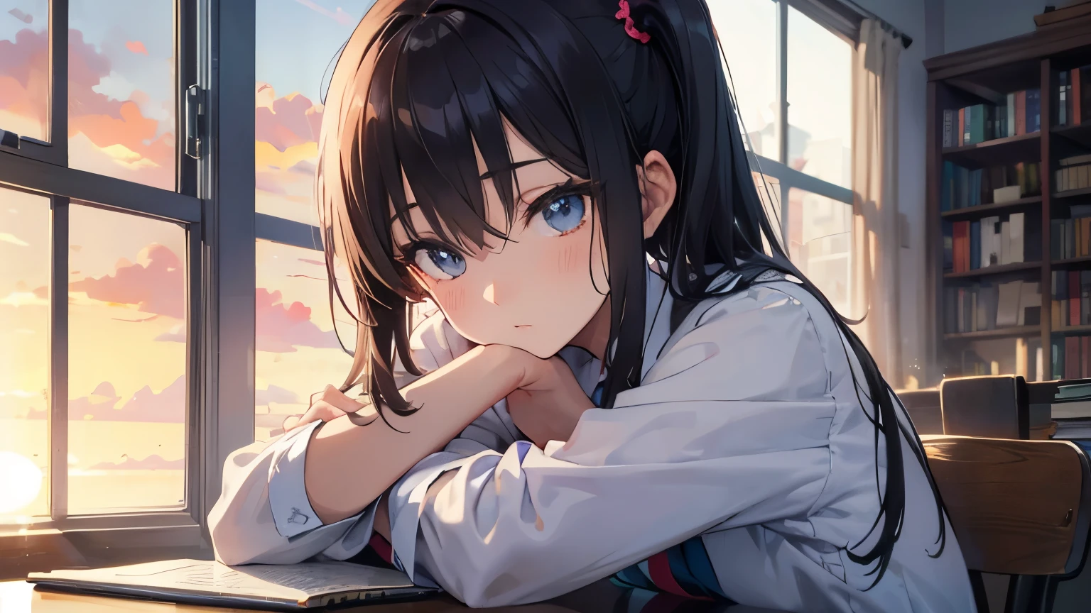 bangs, long hair, hair over eyes, pensive, side ponytail, anime style, UHD, masterpiece, textured skin, highres, best quality, A high school girl rests her chin on her desk while opening a notebook in the library, In the evening, the setting sun is shining through the window