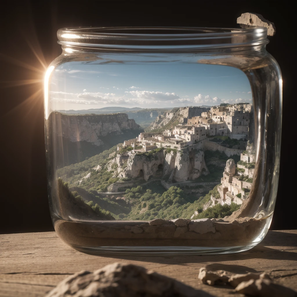 Micro-girl trapped in a jar, atmospheric oliva lighting, on the table, 4k UHD, dark vibes, hyper detailed, vibrant colours forest background, epic composition, octane render, sharp focus, high resolution isometric, (film grain:1.3), The light is sparkling, high quality photography, 3 point lighting, flash with softbox, 4k, Canon EOS R3, hdr, smooth, sharp focus, high resolution, award winning photo, 80mm, f2.8, bokeh, (((sassi_di_matera landscape)))