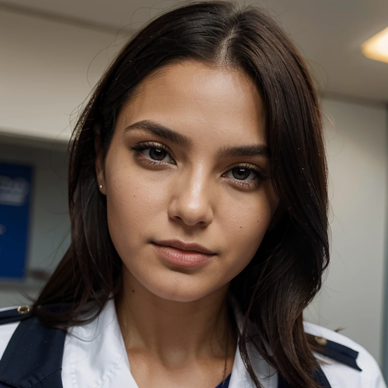 Cabin crew doing their job, se le ve el rostro de frente y usa uniforme azul, cabello color negro, ojos de color negro, with a small mole above the upper lip of the mouth