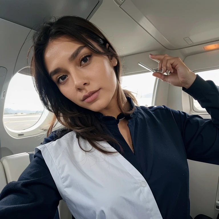Cabin crew doing their job, se le ve el rostro de frente y usa uniforme azul, cabello color negro, ojos de color negro, with a small mole above the upper lip of the mouth