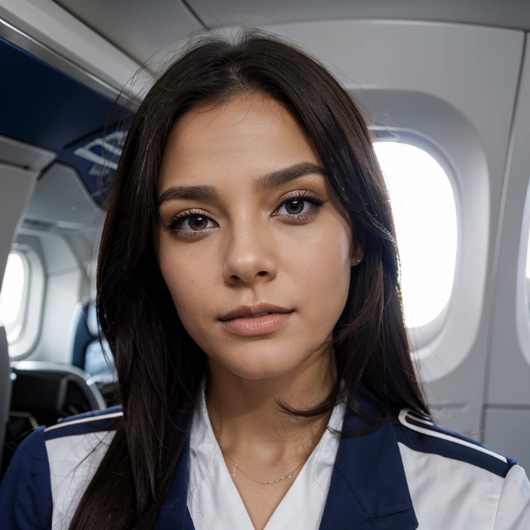 Cabin crew doing their job, se le ve el rostro de frente y usa uniforme azul, cabello color negro, ojos de color negro, with a small mole above the upper lip of the mouth
