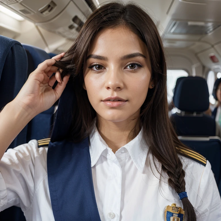Cabin crew doing their job, se le ve el rostro de frente y usa uniforme azul, cabello color negro, ojos de color negro, with a small mole above the upper lip of the mouth