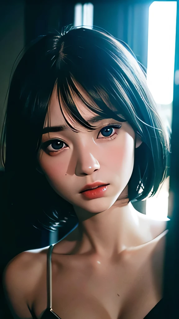 A short black haired sweden girl, bob cut, bang, blue eyes, 14 years old, young, pale skin, wearing a white silky dress, peeking behind a door, feeling anxiety, sad, sweaty, Ultra high res, uhd, (photorealistic:1.4), coboy shot, doll-like face, in a dark room dramatic lighting