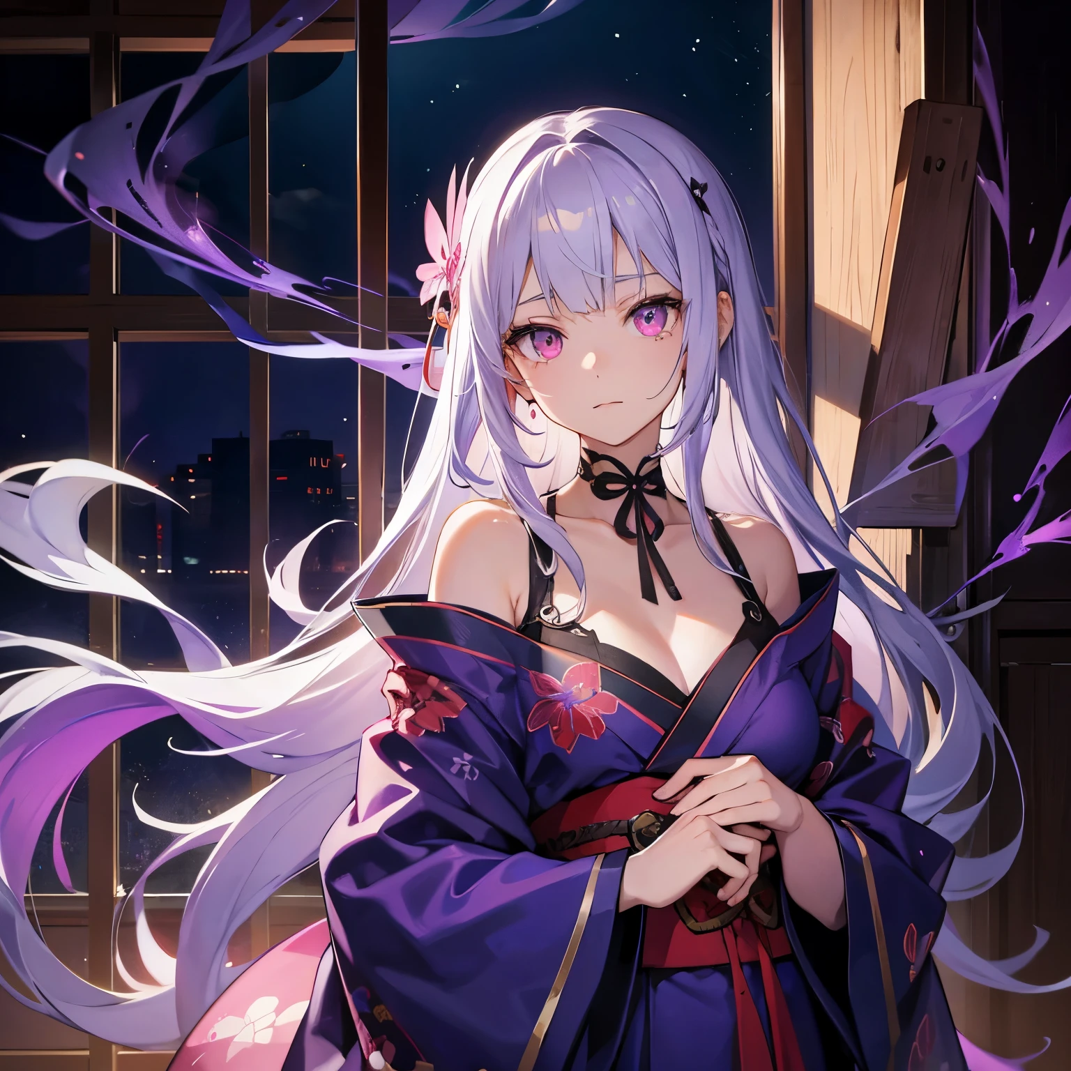 A young woman with silver hair, red eyes, crying moles, and a tattoo of a vermilion butterfly on her neck is wearing a kimono with a brightly colored pattern, and is smoking purple smoke from a kiseru in front of a window illuminated by the purple moon.