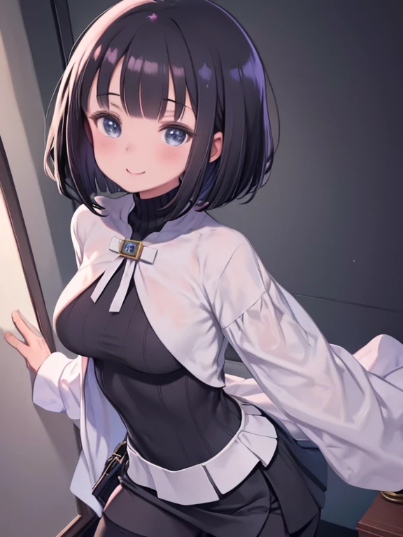 masterpiece, highest quality、Medium wide shot、cowboy shot、 1 Mature busty woman、black haired woman、Asymmetrically parted bangs、bob hair、white shirt、Peplum jumper skirt、black stockings、smiling、