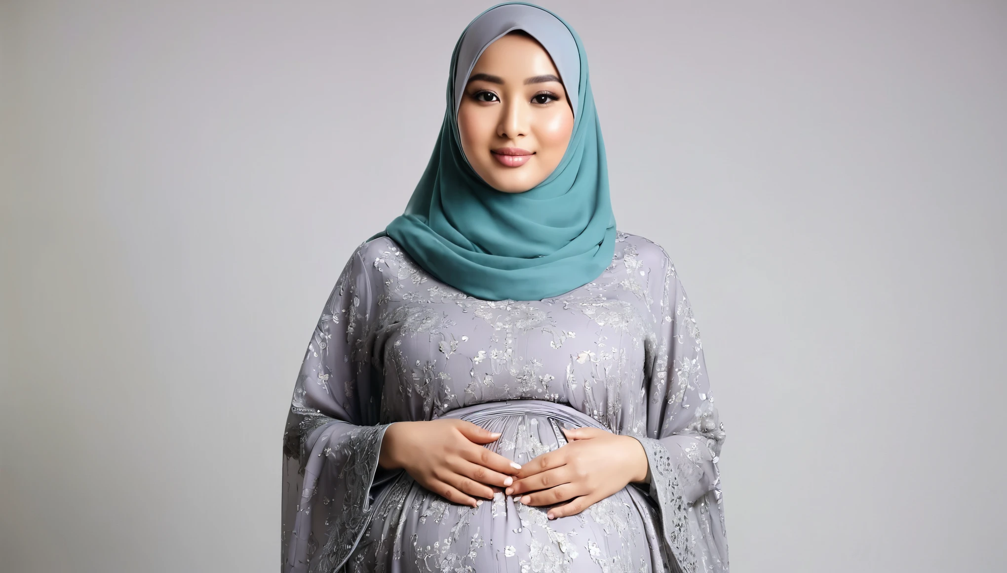 woman, wearing hijab, modestly dressed, pregnant, big belly, smooth face, beautiful, perfect, detail, full body visible, Asian face, HD