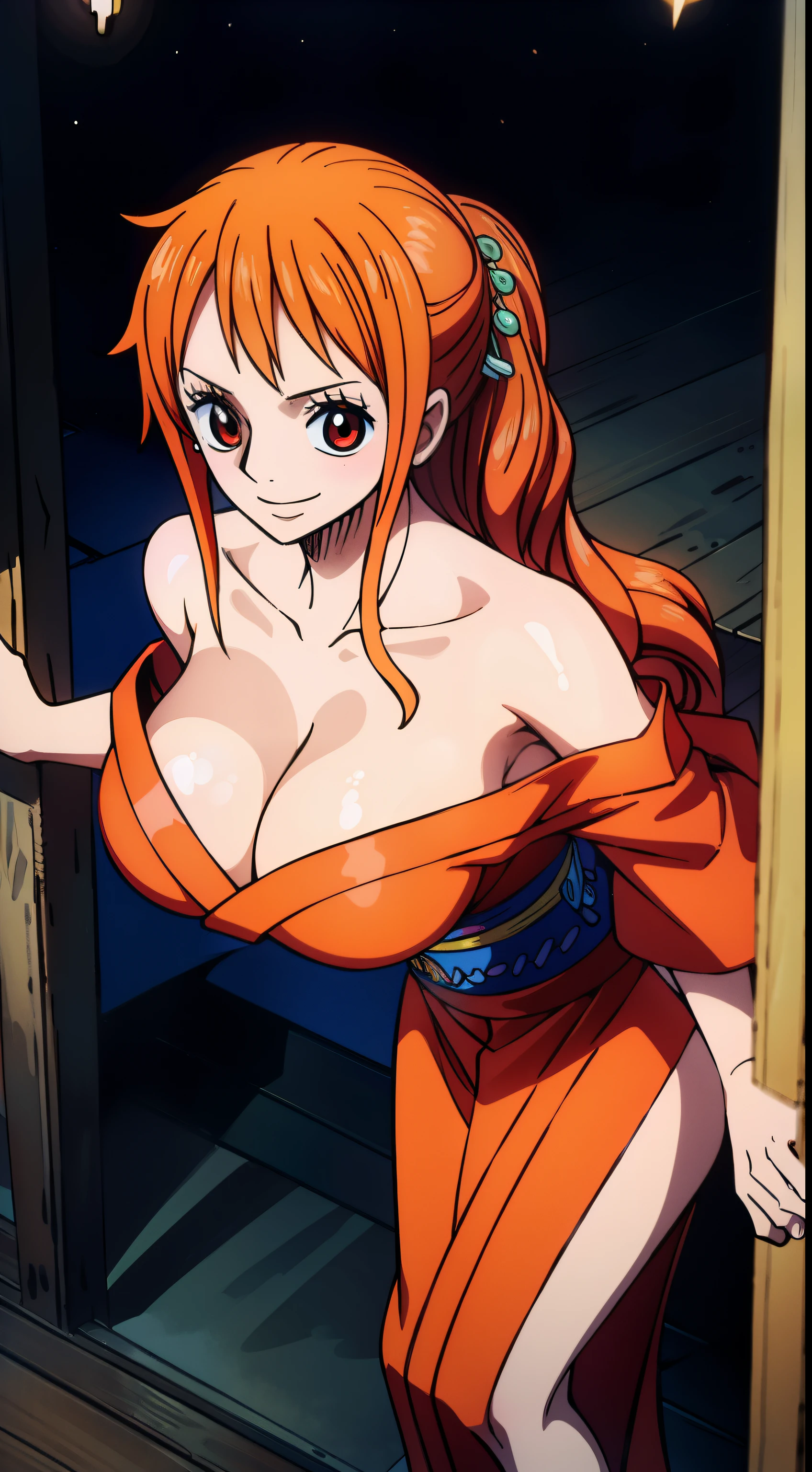 Nami, beautiful hair, (huge breasts:1.2), (naughty smile:1.1), BREAK, (detailed red kimono:1.1), (off-shoulder:1.4), BREAK, looking at viewer, BREAK, (leaning forward:1.2),　standing,  cleavage, hands on stomach, red light district, indoor, night, BREAK, masterpiece, highres, ultra detailed, upper body