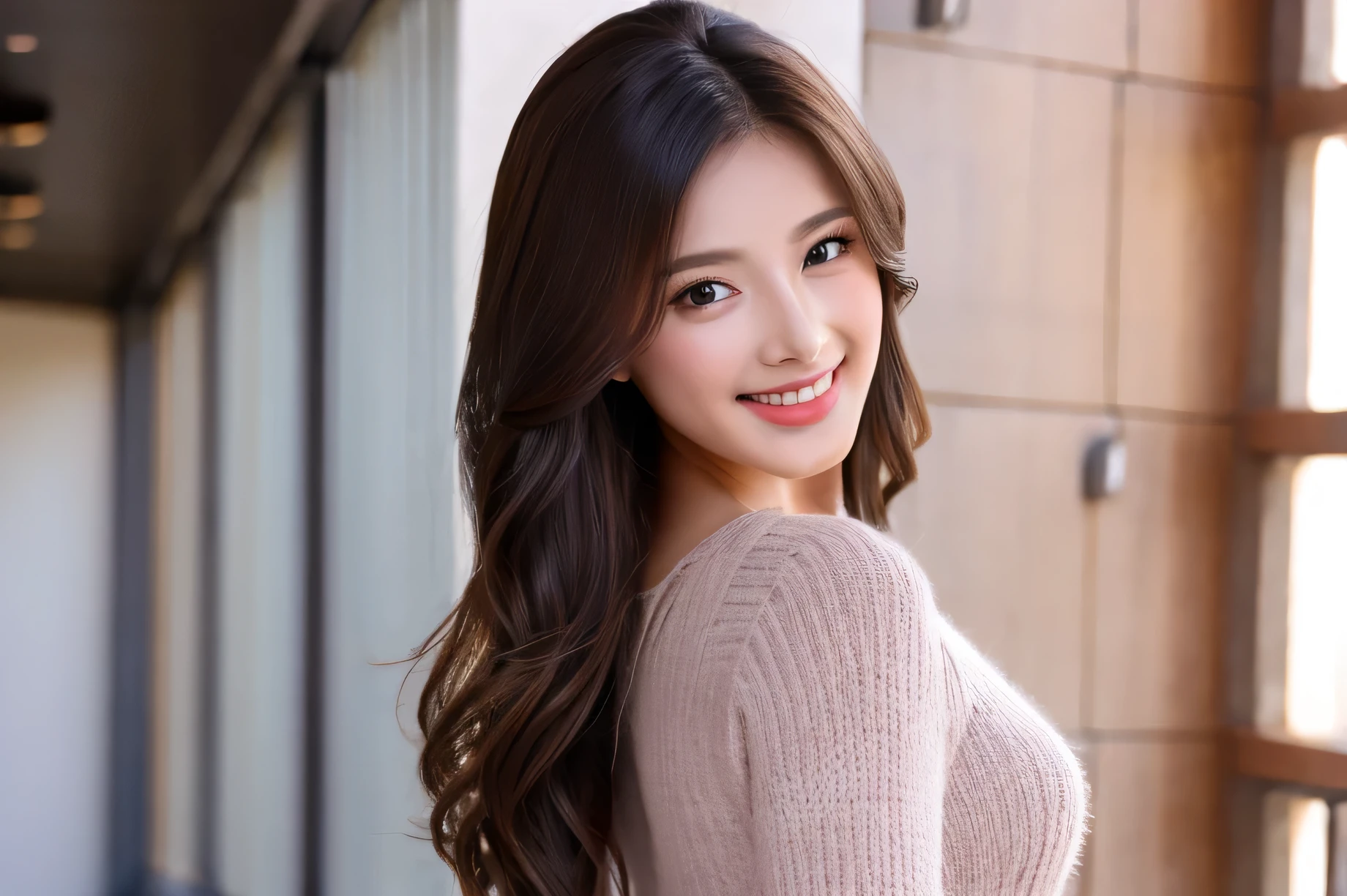 young、beautiful、female announcer、shaped face contour、long hair、brown hair、Fine iris、erotic face、glowing skin、juicy lips、an open seductive smile、thick eyelasheodel body shape、earrings、hair ornaments、blush、black mini skirt、necklace、perfect lighting、perfect shadow、perfect anatomy