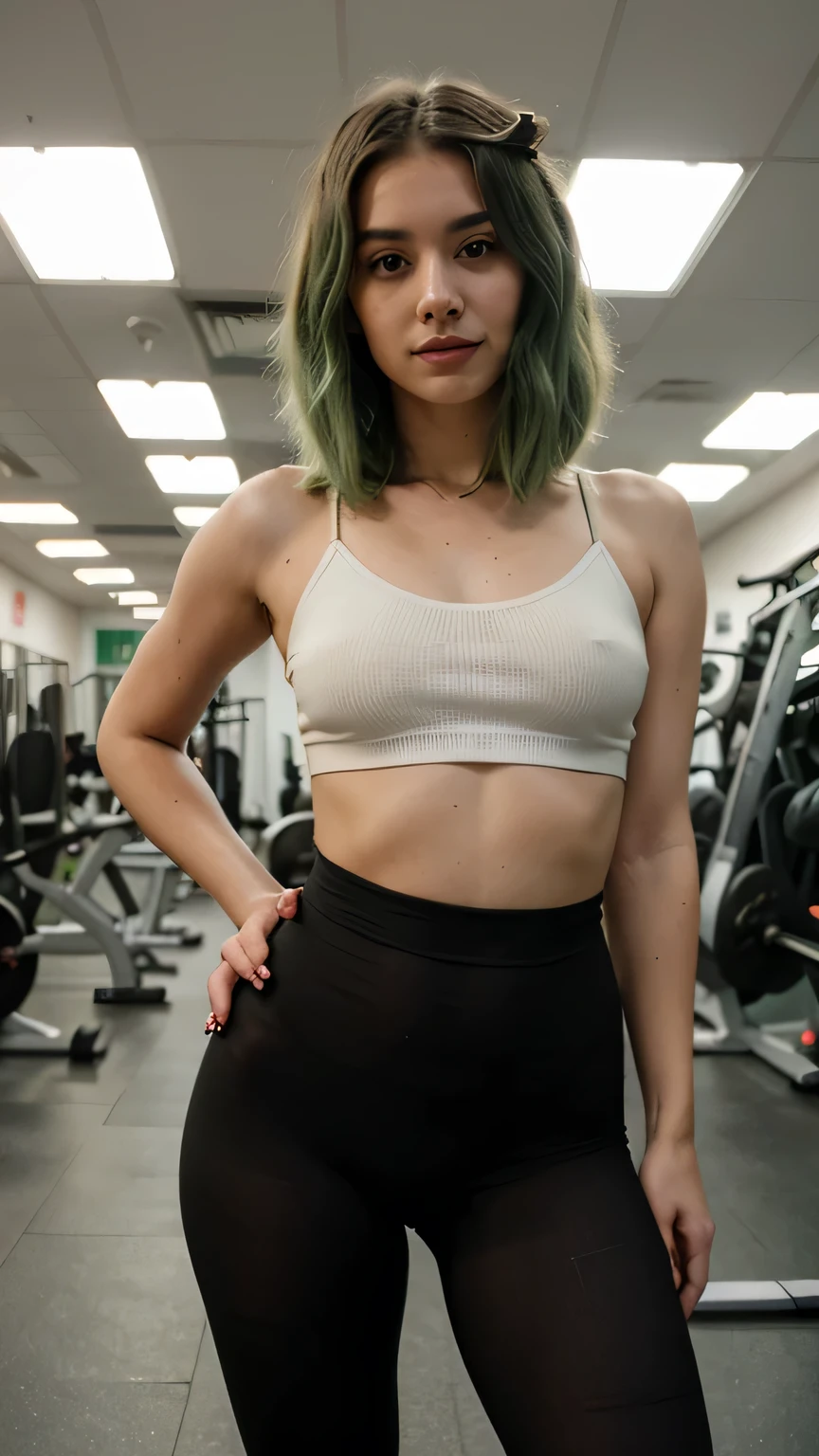 1girls, Nur, green Hair , 24 years old , wear black high waist tights,Wear a half bustier and pose in the gym.