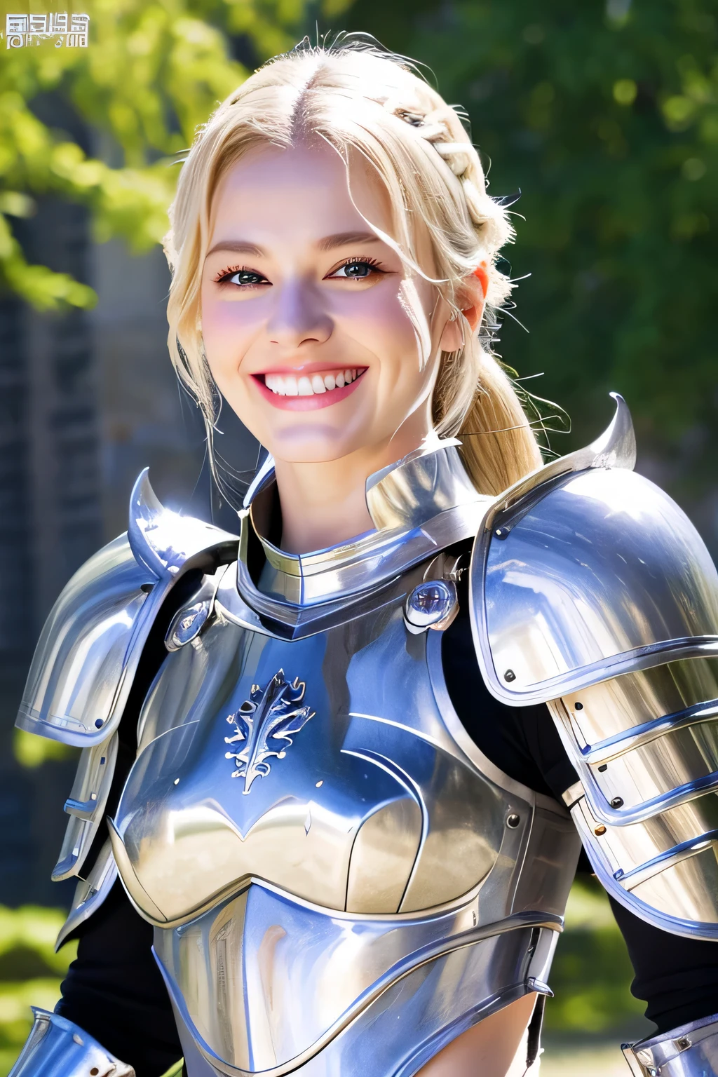 8K、highest quality、female knight、The background is a castle、Luxurious Silver Armor、heavy equipment、hairstyle shortcut、smile、beautiful teeth、full body photo、ear piercing、white woman、blonde、blue eyes、Gummy Smile