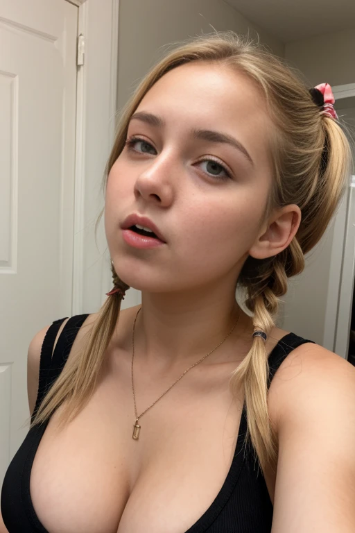 A sad 18yo blonde girl. Cleavage. Pigtails. Mouth slightly open