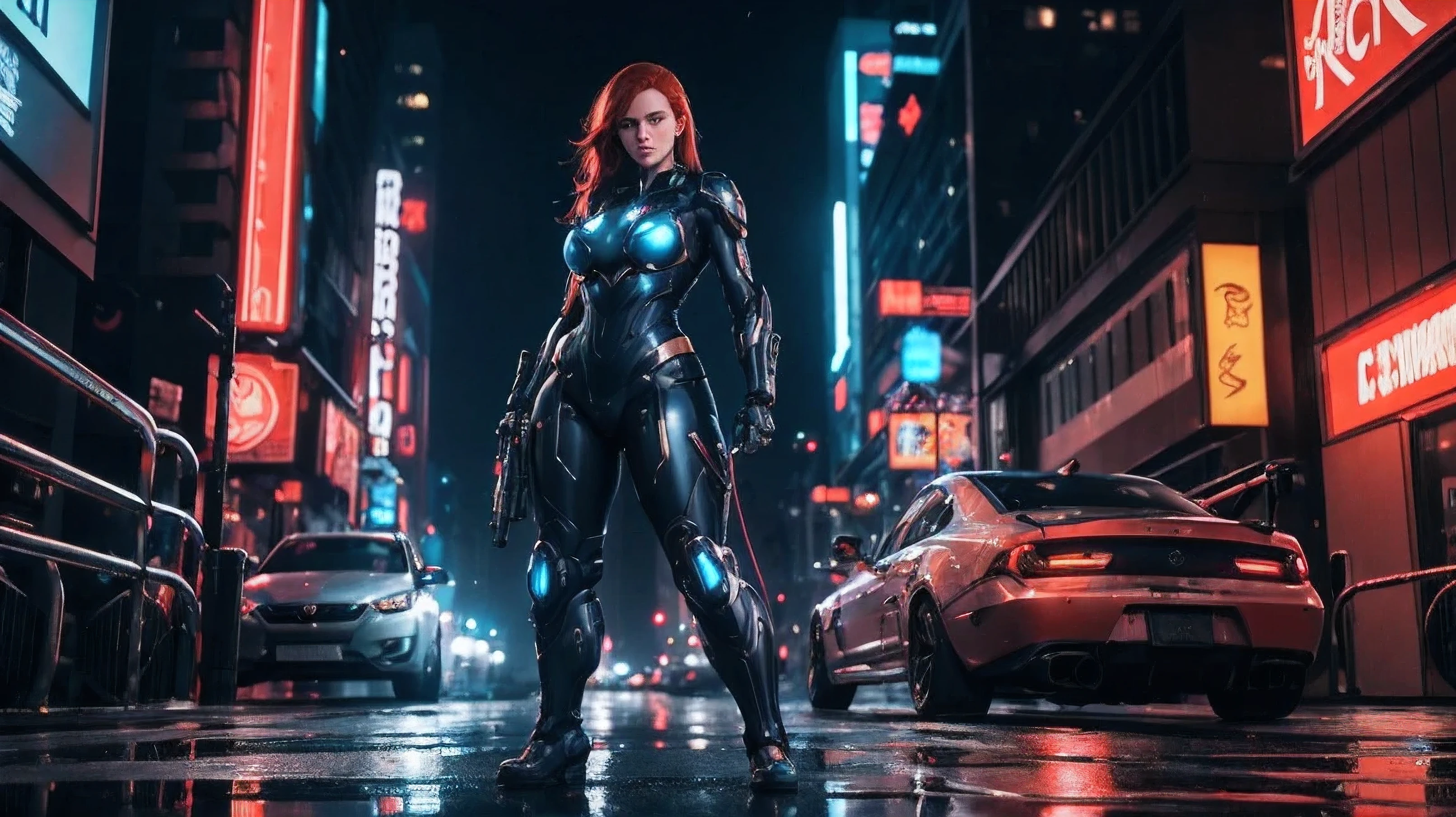 Create an image of a big-thighed woman, boldly standing in the heart of a cyber city with a gripped gun in her hand. The mechanical robustness of a metallic robotics suit wraps around her body, integrating perfectly with her strong figure. The suit's intricate details gleam under the neon-lit cityscape, casting long reflections upon the wet pavement. The woman's determined expression, piercing blue eyes, and fiery red hair add an undeniable allure to this mesmerizing, high-definition, 4K masterpiece. The depth of field emphasizes the woman and her surroundings, while the diffused light adds an electrifying aura to her fighting hand to hand combat with enemy