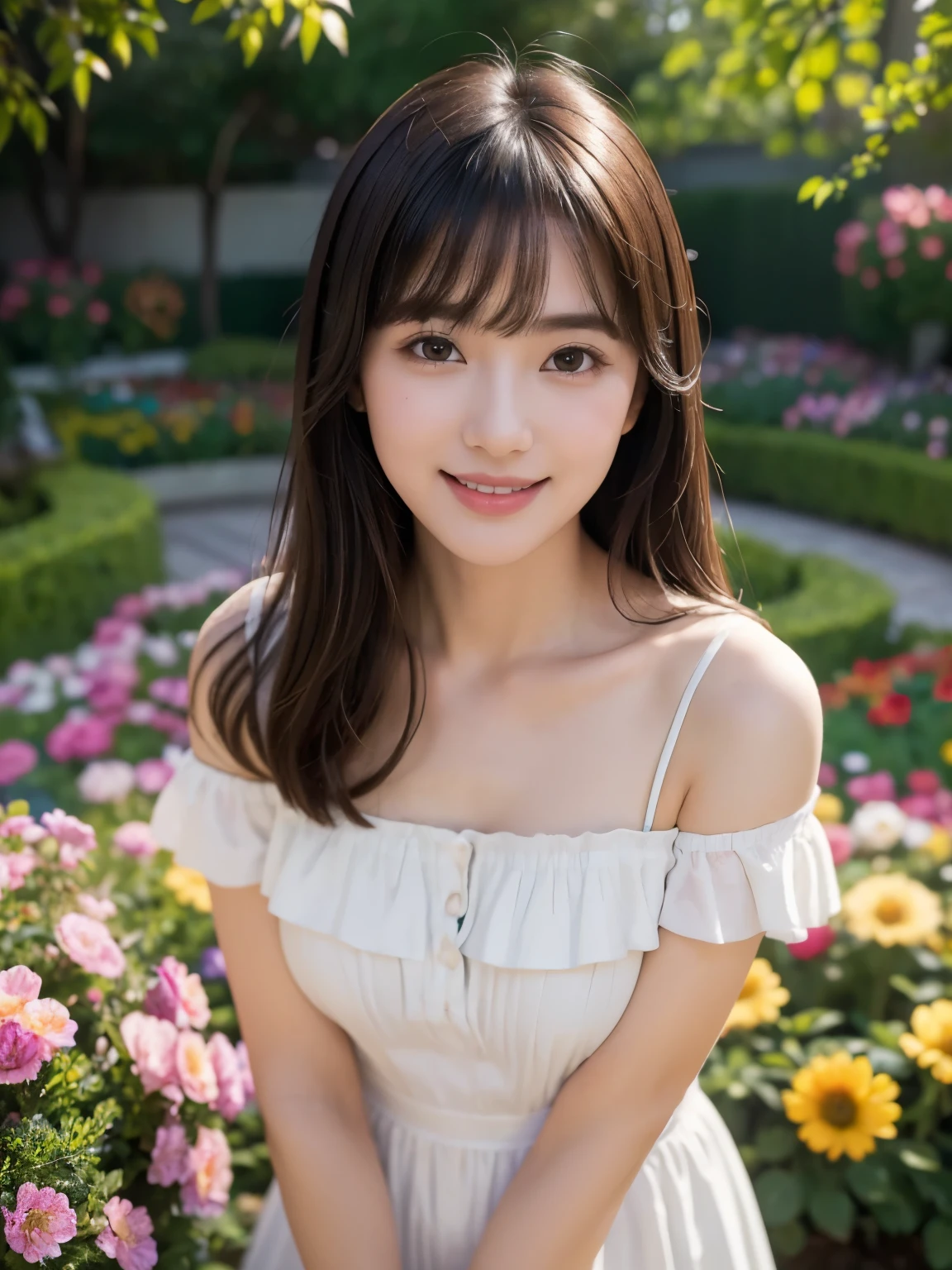 (highest quality,masterpiece:1.3,ultra high resolution),(Super detailed,caustics),(realistic:1.4,RAW shooting),1 girl,flat bangs、look at the camera with a smile、Blurred background、(colorful、flower garden)、(shoot from above 2.0)