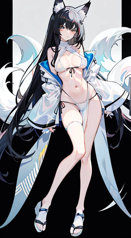 1girll, Full body like,black hair, long black hair,Messy hair,Translucent clothes,nsfw,White fox ears,White fox tail , bikini,folds,folds,folds