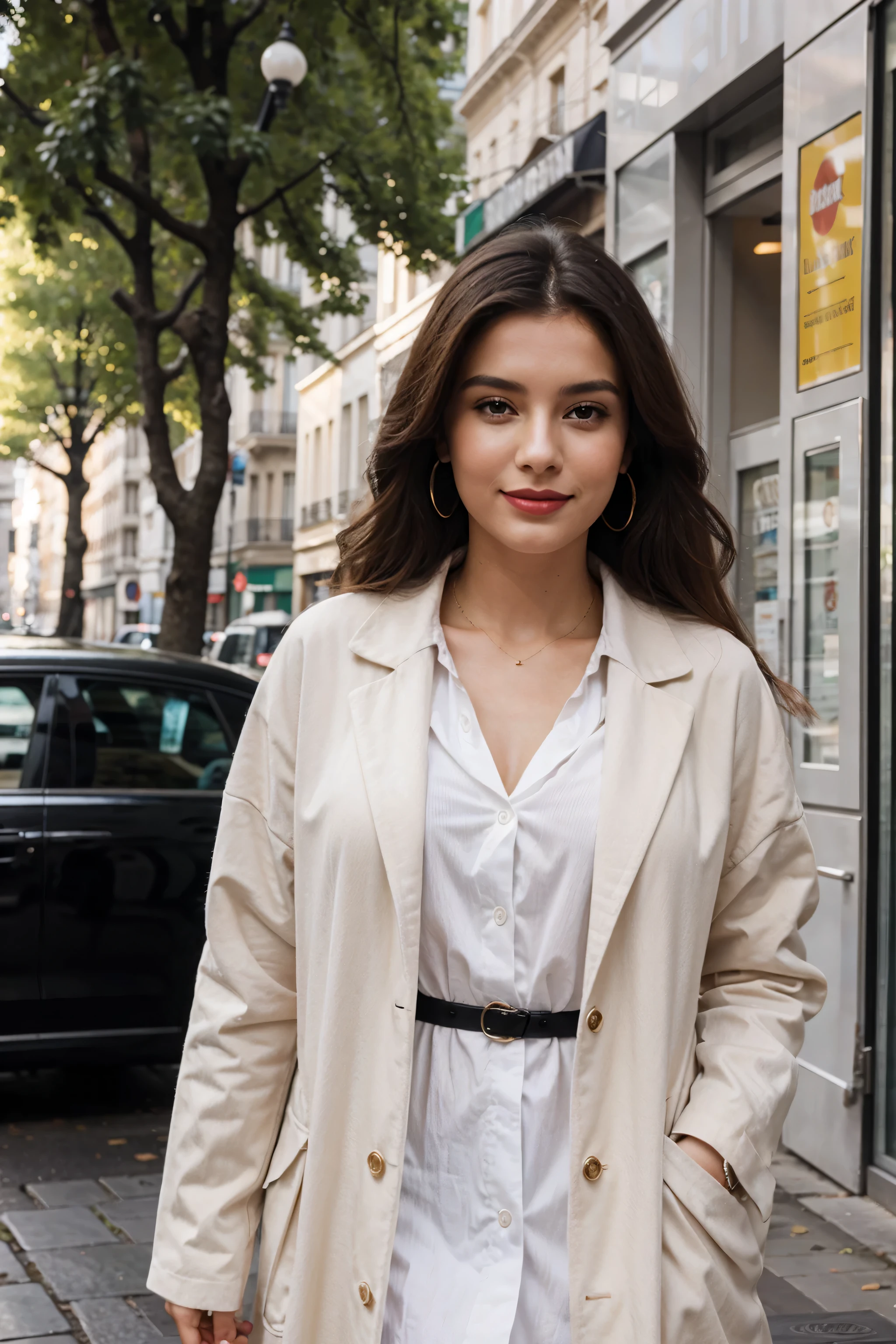 Italian girl 25 years old, beautiful, wonderful, walk in the center of Paris, 1 girl, real, very high resolution, 8k, elegant coat, luxury, Champs-Élysées, pearl earrings, elegant, red lipstick, light smile, afternoon
