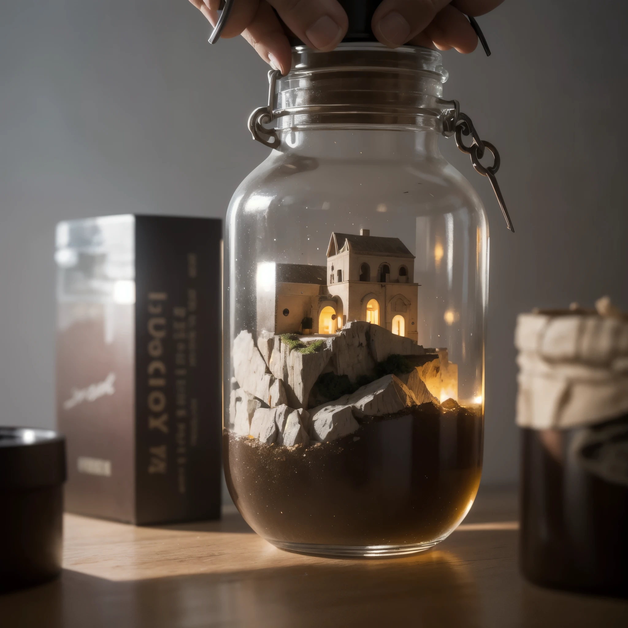 Micro-town Matera trapped in a jar, atmospheric oliva lighting, on the table, 4k UHD, dark vibes, hyper detailed, vibrant colours forest background, epic composition, octane render, sharp focus, high resolution isometric, (film grain:1.3), The light is sparkling, high quality photography, 3 point lighting, flash with softbox, 4k, Canon EOS R3, hdr, smooth, sharp focus, high resolution, award winning photo, 80mm, f2.8, bokeh, (((sassi_di_matera)))