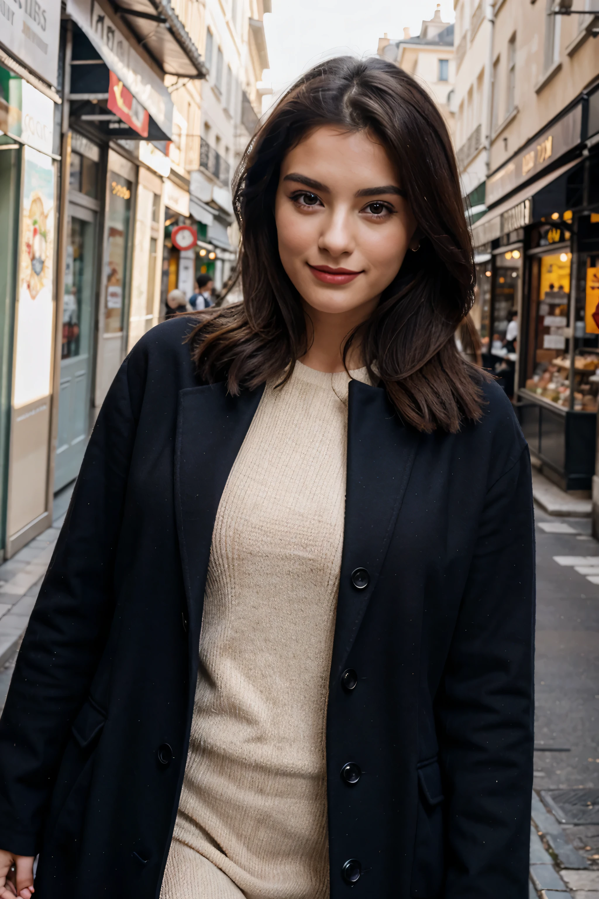 Italian girl 25 years old, beautiful, wonderful, walk in the center of Paris, 1 girl, real, very high resolution, 8k, elegant coat, luxury, Champs-Élysées, pearl earrings, elegant, red lipstick, light smile, afternoon
