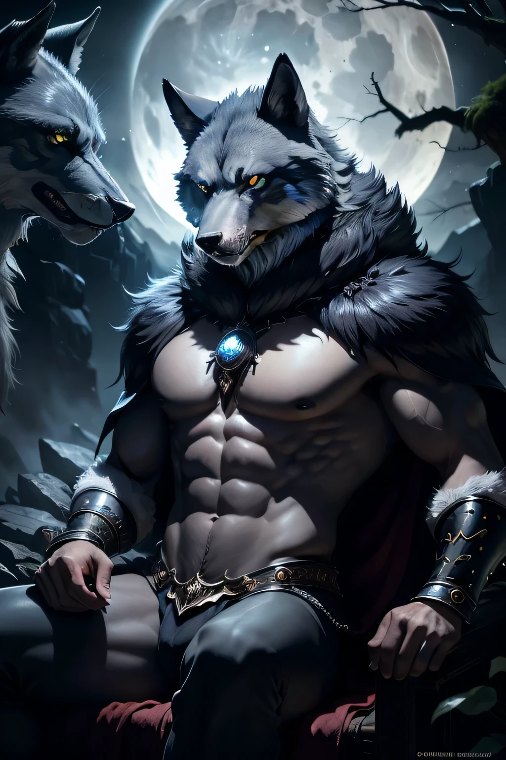 (best quality,4k,8k,highres,masterpiece:1.2),ultra-detailed,(realistic,photorealistic,photo-realistic:1.37),wild, majestic, powerful, serene, mesmerizing, dark, mysterious, enchanting, supernatural, magnificent, untamed, regal, intense, dominant, commanding, charismatic, dominant, noble, fierce, imposing, proud, mythical, mythical creature, mythical world, fantasy, ruler of the pack, leader, beautiful,detailed blue eyes, piercing gaze, sharp fangs, magnificent thick fur, muscular body, large paws, alpha wolf, throne of bones, moonlit night, moonlight, ancient forest, deep shadows, misty atmosphere, glowing eyes, chilling howl, moonbeam, moon halo, silver light, midnight, dark aura, silver fur, powerful presence, moonlit landscape, hypnotizing, commanding presence, king of the wilderness.