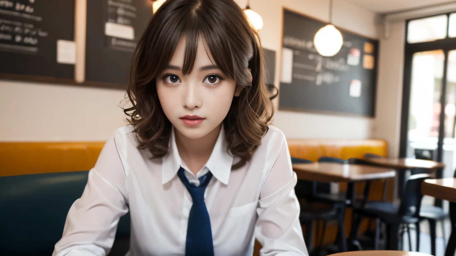 8K, highest quality, real image, intricate details, Super detailed, ultra high resolution, depth field,(realistic,realistic:1.2),table top , front shot , Photographed at a stylish cafe , girl, とても美しい17歳のgirl, innocent big eyes,、beautiful breasts:1.5、highly detailed eyes:1.2)、wavy hair、curly hair、bangs、, perfect skin, Fair skin, tight waist, light blush, look at the viewer,((School_uniform),(blazer), (white shirt、wear a tie), (gray pleated skirt), (sculpture installation :1.1), urban cafe space, Customers enjoying cafe around