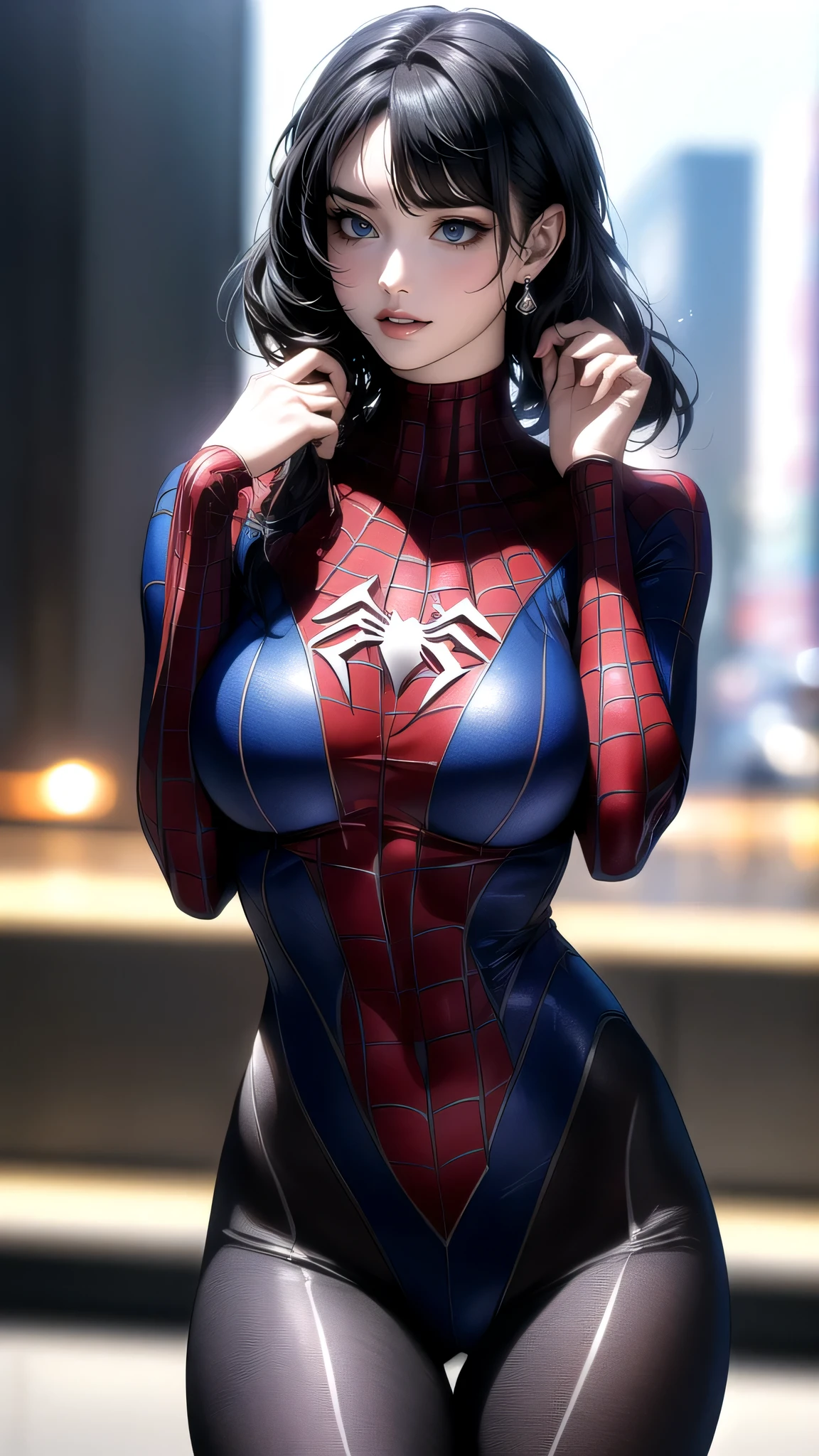 spiderman swimsuit,(random pose:1.2),(random hairstyle),(large breasts),(Highest image quality, (8K), Ultra-realistic, Best Quality, High quality, High Definition, high quality texture, high detailing, Beautiful detailed, fine detailed, extremely details CG, Detailed texture, realistic representation of face, masterpiece, presence),black pantyhose