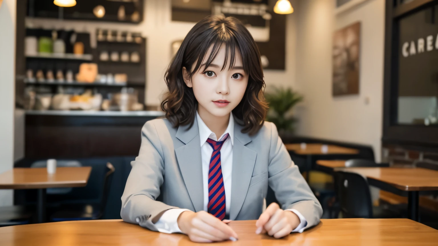 8K, highest quality, real image, intricate details, Super detailed, ultra high resolution, depth field,(realistic,realistic:1.2),table top , front shot , Photographed at a stylish cafe , girl, とても美しい17歳のgirl, innocent big eyes,、beautiful breasts:1.5、highly detailed eyes:1.2)、wavy hair、curly hair、bangs、, perfect skin, Fair skin, tight waist, light blush, look at the viewer,((School_uniform),(blazer), (white shirt、wear a tie), (gray pleated skirt), (sculpture installation :1.1), urban cafe space, Customers enjoying cafe around