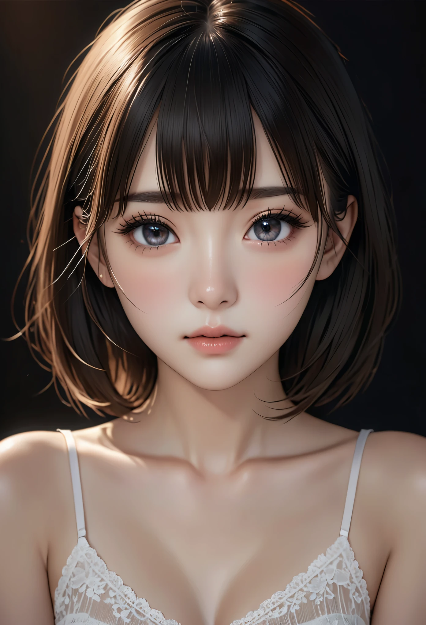 masterpiece, best quality, (Dark photos:1.3), lifelike, 1 girl wearing lace camisole, Flat bangs, Stunningly innocent symmetrical face, emotional, Urzan, (Pure love face_v1:0.7)