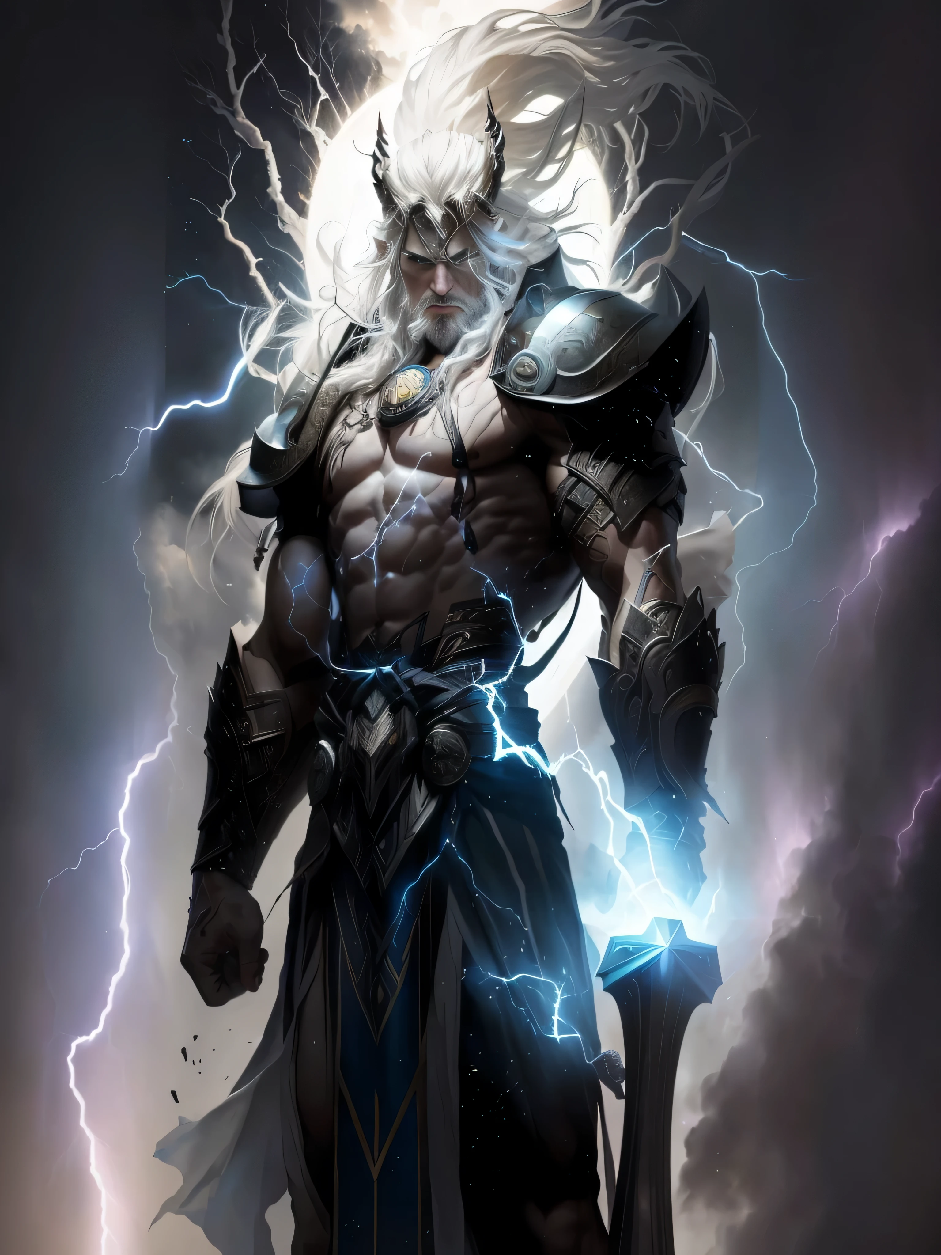 Close-up of a man with a sword and lightning bolt in his hand, Angry Zeus, the god of thunder and lightning, god of thunder and lightning, epic scene of zeus, Epic Fantasy Character Art, Zeus, black thor, Godrays Numbers, Portrait of rugged Zeus, Suitable for a male devil with white horns, norse god, storm egyptian god