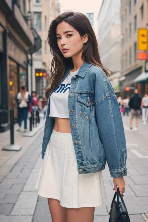 Best qualite, 1 girl 25 years,solo, long brown hair, looking at viewer, denim jacket over white cropped t-shirt, blue denim skirt, white sneakers, cosmopolitan city scene