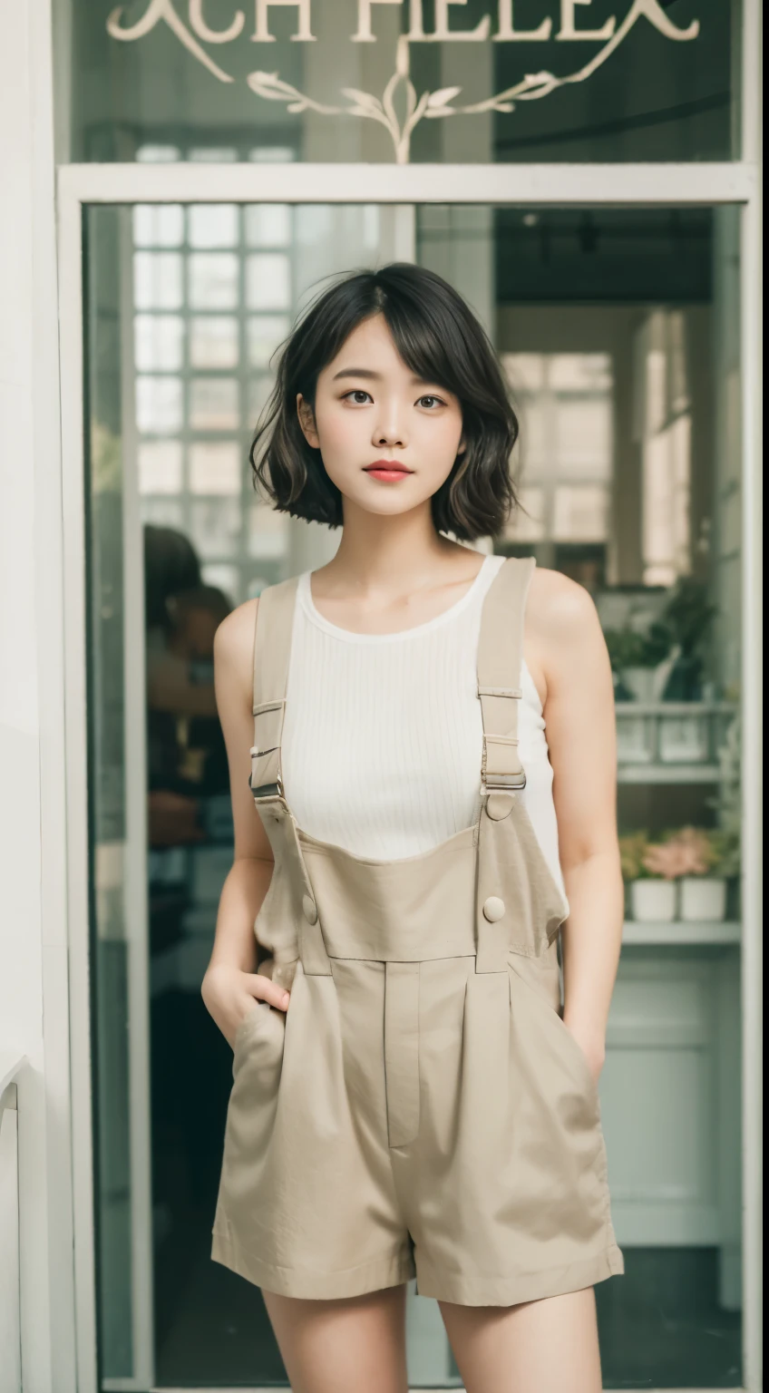 full-body portrait photograph of a young woman with "Wavy shoulder-length short hair." wearing shirt with pinafore, hotpant, oversized_breasts.", she is strongest woman on Earth, beautiful_breasts. sensual body, standing, cute styl chlotes, in a unique, photoshot model, standing in front of a flower shop window building, neutral colors, Pastel tone, soft light, photo, portrait photography, cinematic