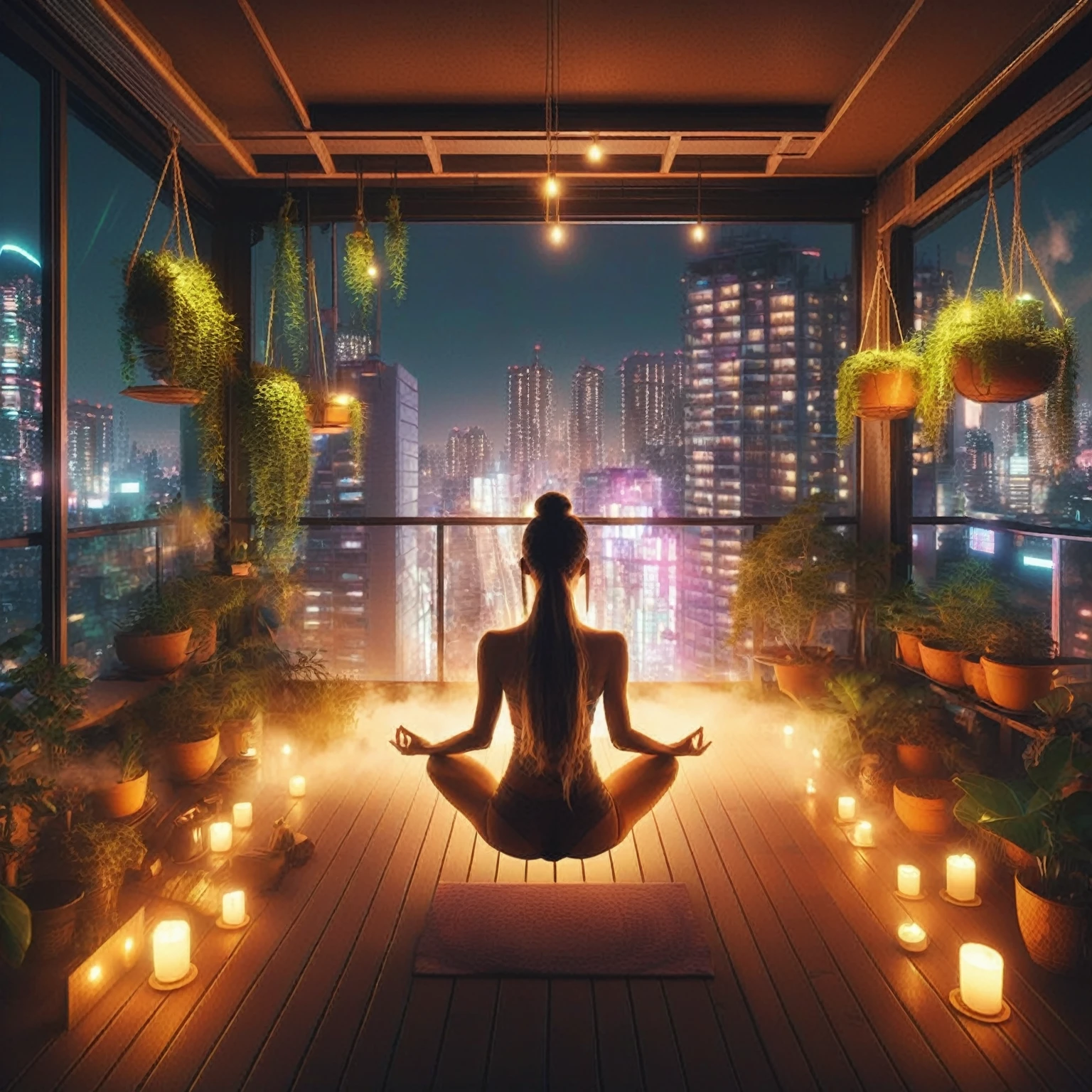 Woman sitting in yoga pose with candles lit on balcony, zen meditation cyberpunk, relaxing concept art, relaxed atmosphere, 3 d render Beeple, relaxing environment, Beeple global illumination, 8K sensual lighting, calm night. digital illustration, cinematic Beeple, Beeple. octane rendering, Beeple daily art, Beeple rendering