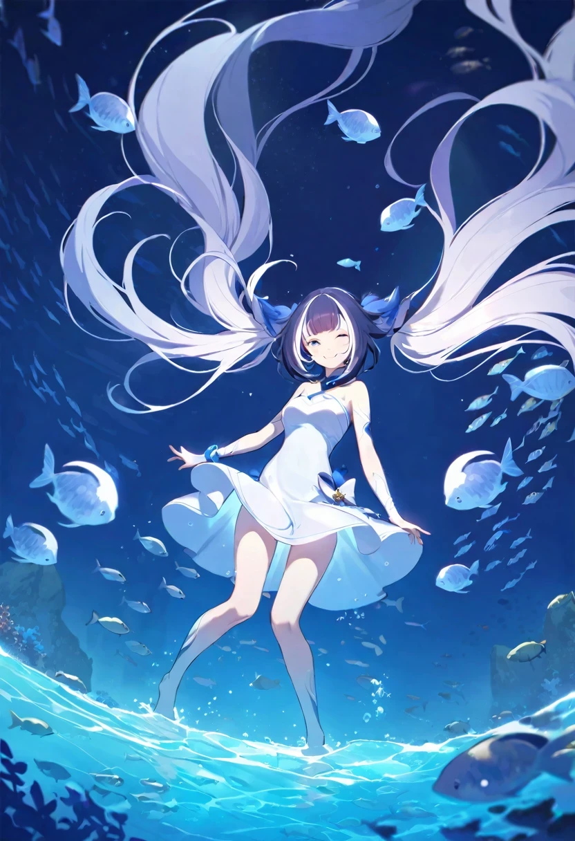 (((shylily))),(muste piece), (best quality), very detailed, 1 girl, perfect face, (solo full body shot:1.3), very detailed顔,(twin tails:1.5),(in water,swim:1.4),(white dress:1.5),School of small fish,Light,bubble,jellyfish,seaweed,deep sea,fantasy,seabed,(Floating hair:1.4),splash,(surrounded by many small fish:1.4),(smile:1.3)