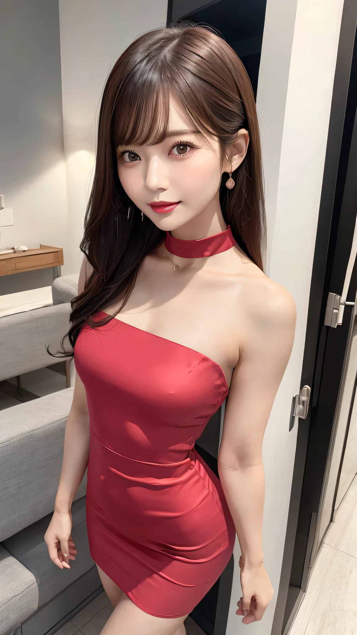 lady 1people,(full body figure:1.2),(nine heads and bodies:2.0), small butt,(thin thighs),(long and thin legs: 2.0),(Knees Stretch:2.0),stand with legs closed,(height 2/3 is the leg:2.0), (light cherry color pumps:1.2), (Tight casual dress made of light cherry color silk :1.3), light cherry color choker,Transparent white glossy skin, 25 years old, cute sexy little face, light red lips, parted lips, sexy face, sexy young woman, light brown straight hair, Asian eyes, Beautiful smile, Medium chest, slender body shape, tight waist, beautiful hands, thin shoulders, look at the audience, standing position, bamboo forest morning