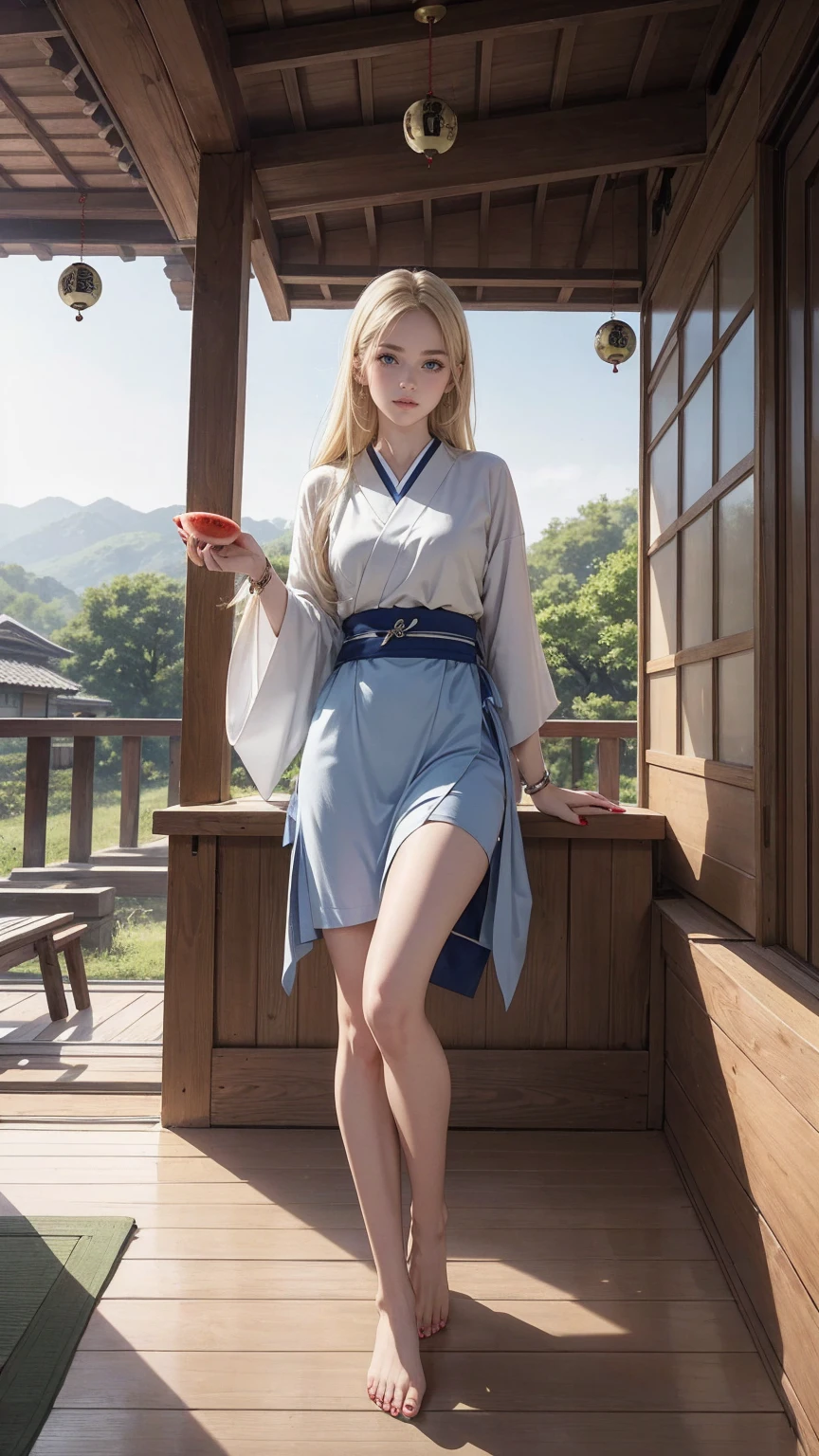 ((最high quality, 8K, masterpiece: 1.3, Ultra HD, high quality, 最high quality, High resolution, realism)) 、22 year old beautiful white woman、Hair color blonde、blue eyeedium hair、straight hair、smile、Slender but well-proportioned muscular body、Athlete-like body type、I don&#39;t want my head to disappear from the screen.、Wearing accessories on your wrist、Wearing red nail polish、I have a peticure、Sitting on the veranda of a Japanese house in the Japanese countryside、It&#39;s summer、A wind chime is hung in front of the eaves.、barefoot、Eating watermelon、A courtyard spreads out in front of the verandah.