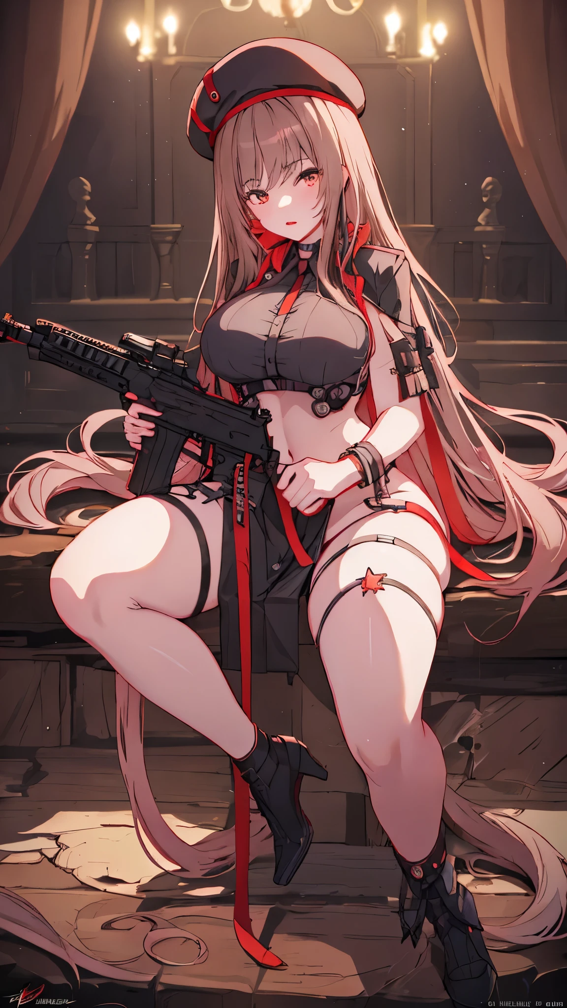masterpiece, highest quality, ultra high resolution,1 girl, looking at the audience, the most beautiful face, smooth long hair, brown hair,silky hair,very beautiful skin, model body shape,perfect female body,(big breasts:1.2),long legs,pink lips,red face,perfect lighting,black cap,black stockings,assault rifle,