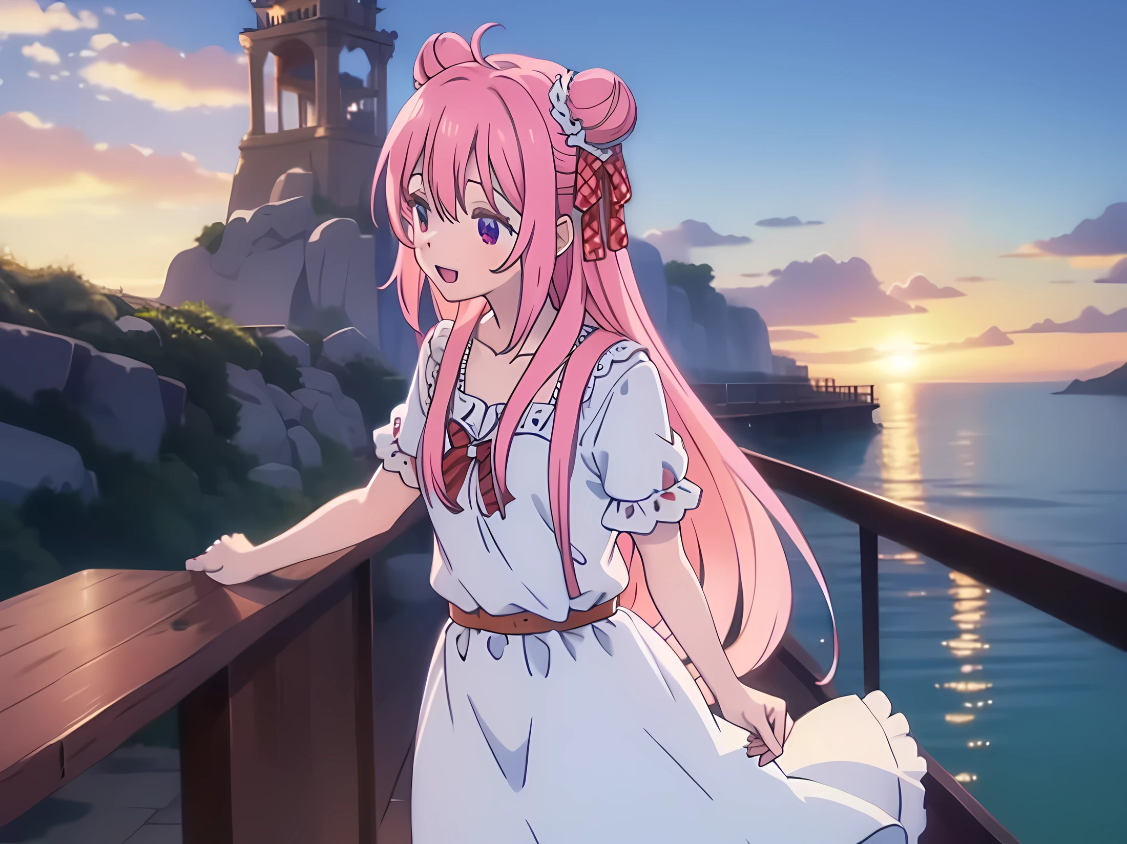 satou,solo,long hair,pink hair,hair bun,double bun,ribbon,hair between eyes, Cold wind, white dress, white dress, summer dress, coast, smile, sunset, Be Your Eyes, necklace,