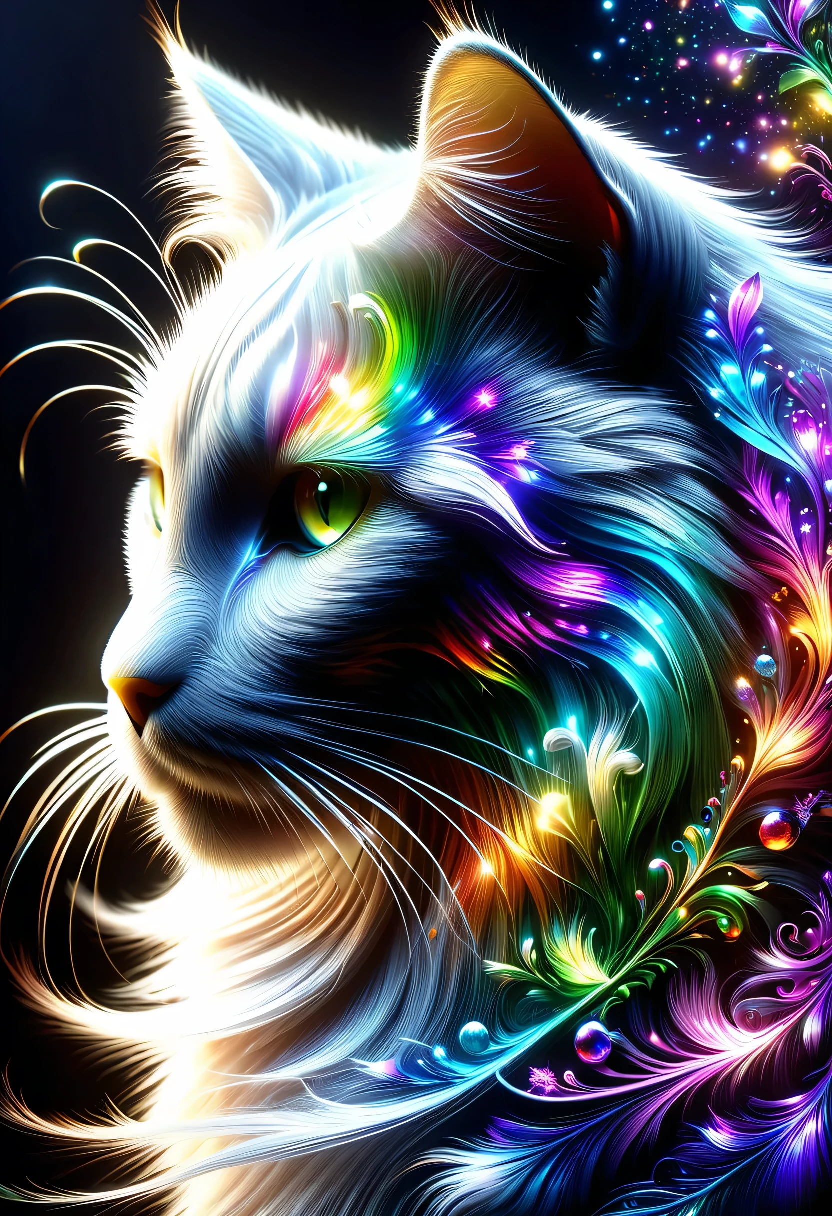 Cat、Cat、Cute Cat、As beautiful as a dream、It touches my heart, :Rainbow-colored:seven colors:luminescence:shine,dark background,flash,very flash,masterpiece,best masterpiece,best configuration,beautiful sight,gracefully,rendering,unreal engine,Elements of Zentalg,intricate details,with great care,particles of light,rich colors,colorful,anatomically correct,beautiful light and shadow,Mysterious,fantasy,fantasy,digital art
