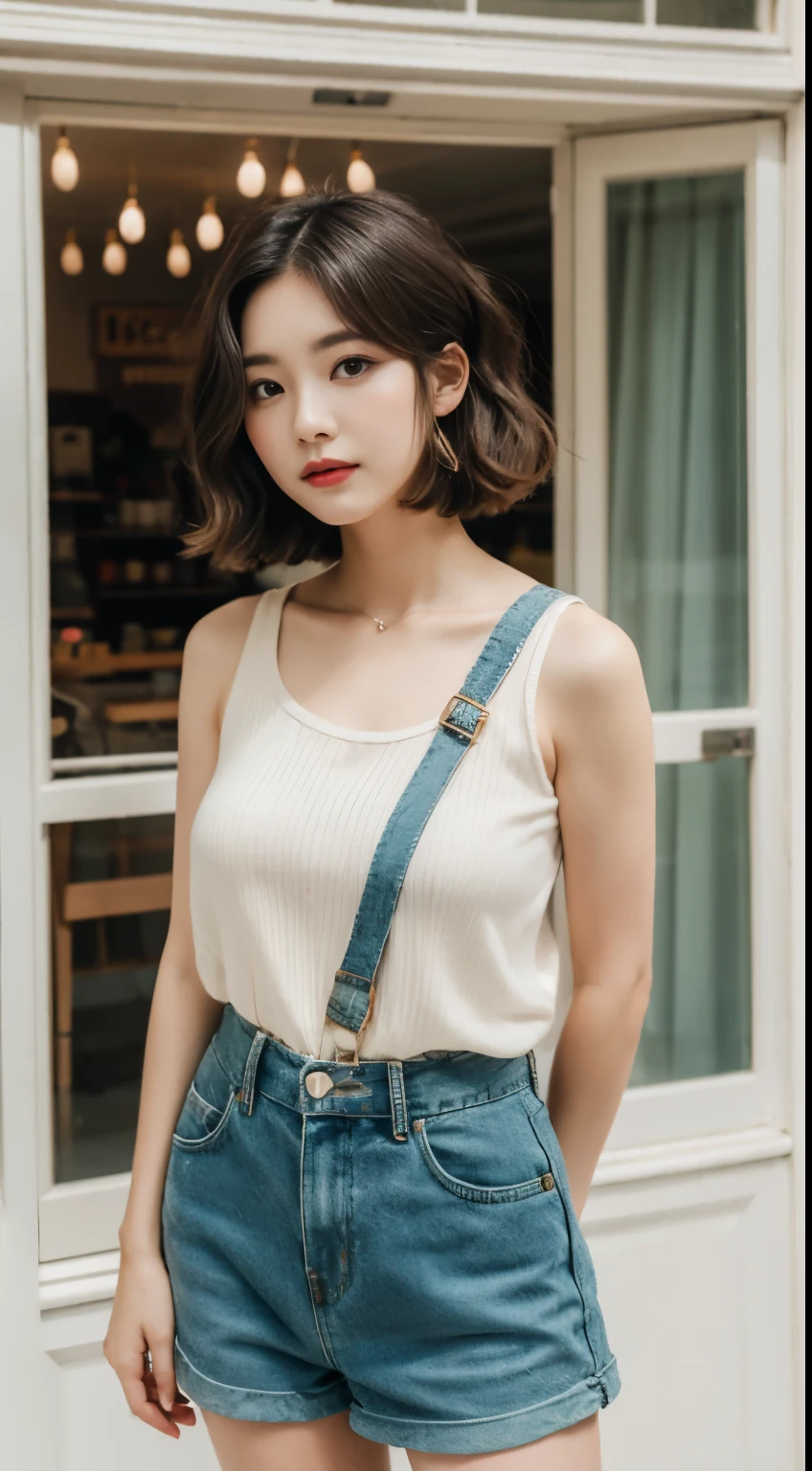 full-body portrait photograph of a young woman with "Wavy shoulder-length short hair." wearing shirt with pinafore, hotpant, oversized_breasts.", she is strongest woman on Earth, beautiful_breasts. sensual body, standing, cute styl chlotes, in a unique, photoshot model, standing in front of a flower shop window building, neutral colors, Pastel tone, soft light, photo, portrait photography, cinematic