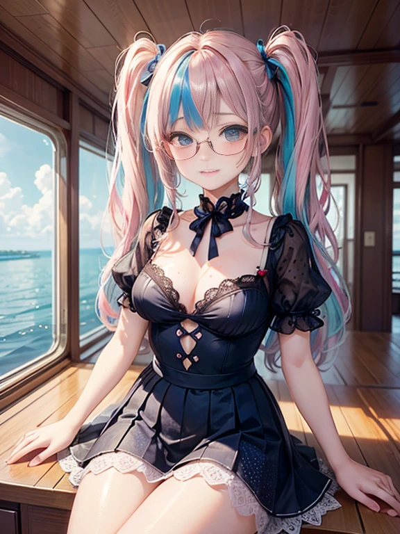 (masterpiece:1.2), (highest quality:1.2),, Curvy but slender body, perfect eyes, perfect face, perfect lighting, 1 girl,(rainbow colored hair, colorful hair, Half blue、half pink hair: 1.2), cherry blossoms、 Glasses、(Cute floral shirt),(whole bodyが見える),spring、(painted on steel、Transparent sexy clothes、polka dots、lace skirt),curly hair, Clothes with short sleeves, 、In the sea、on the boat、, compensate, eye shadow, small breasts、thick eyelashes, fantasy, looking at the viewer, whole body,alice in wonderland、blue sky、Bright and beautiful face、young shiny glossy white shiny skin、the best beauty、the most beautiful in the world、thin hair、long hair、Shining beautiful bangs、big shining blue eyes、very beautiful and lovely 8 year old, the most beautiful girl in the world、twin tails、Glasses、a disappointed face、Waiting for a kiss、smile.Fashionable underwear