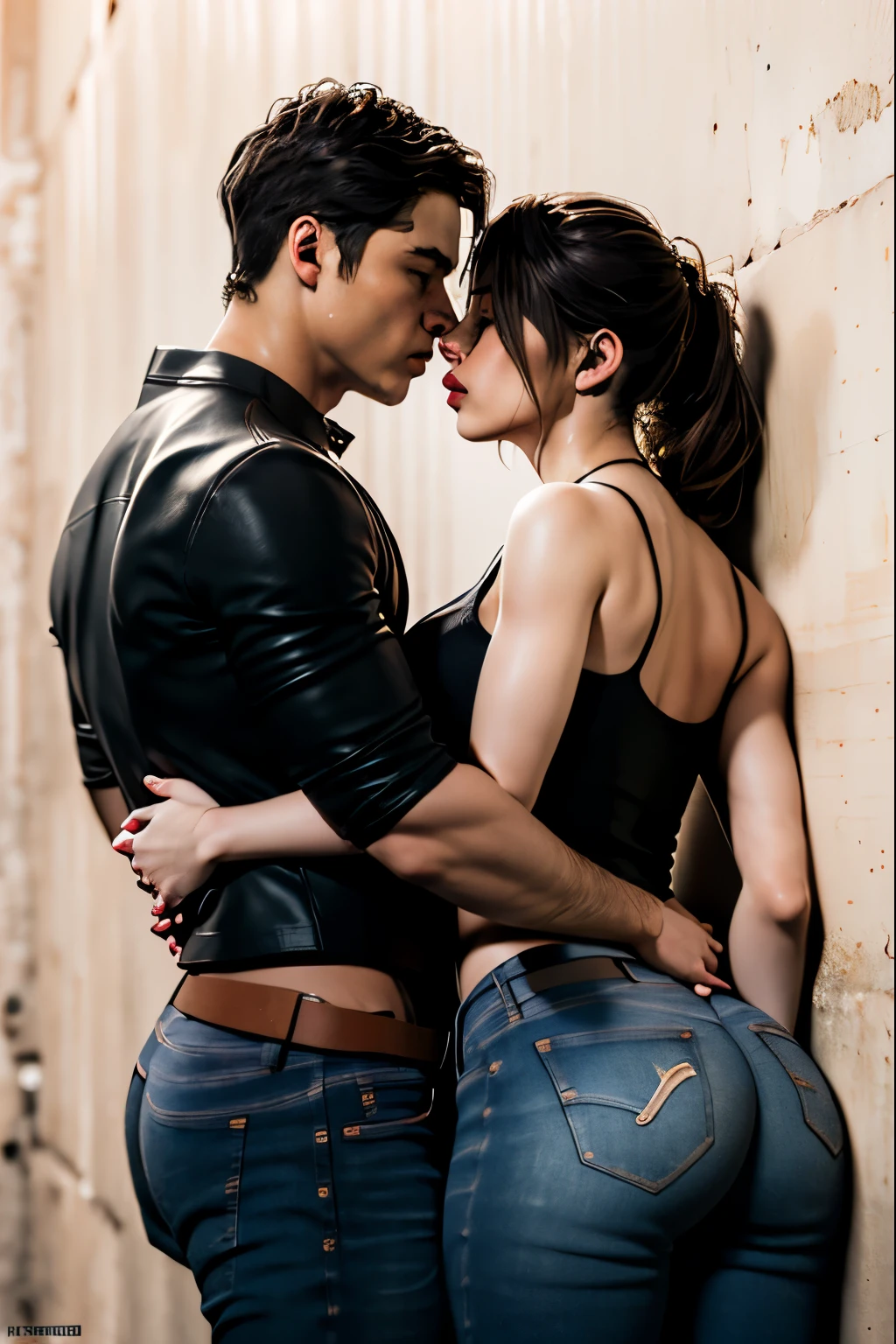 (masterpiece, best quality), 1girl and 1 man, claireredfield2, wear jeans, kiss the man , girl back, the man is pressing girl against the wall