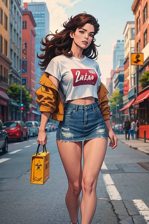 Best qualite, 1 girl 25 years,solo, long brown hair, looking at viewer, denim jacket over white cropped t-shirt, blue denim skirt, white sneakers, cosmopolitan city scene