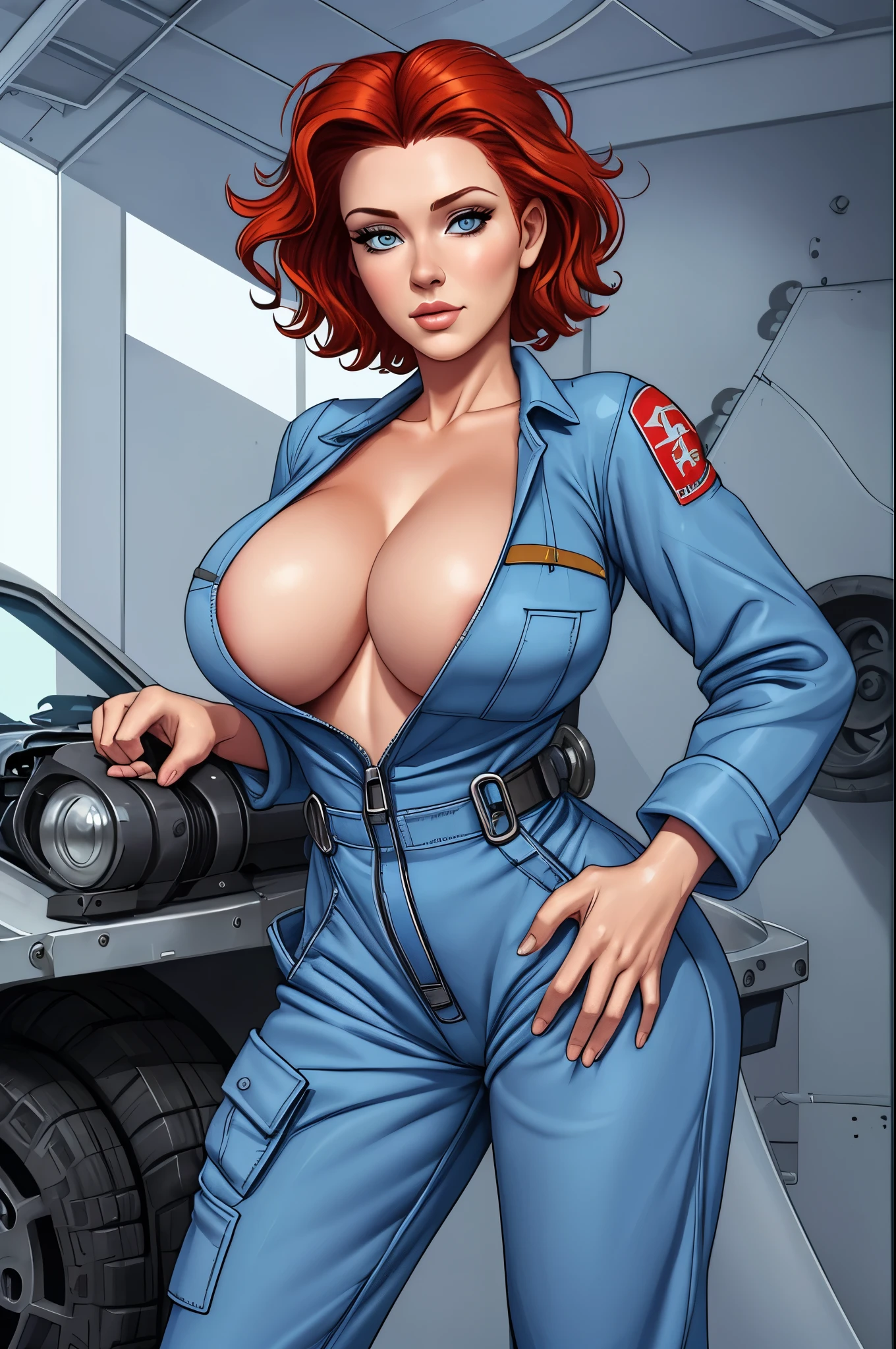 Brigid Brannagh, gorgeous mechanic, blank background, blue coverall, cleavage, no shirt, sfw