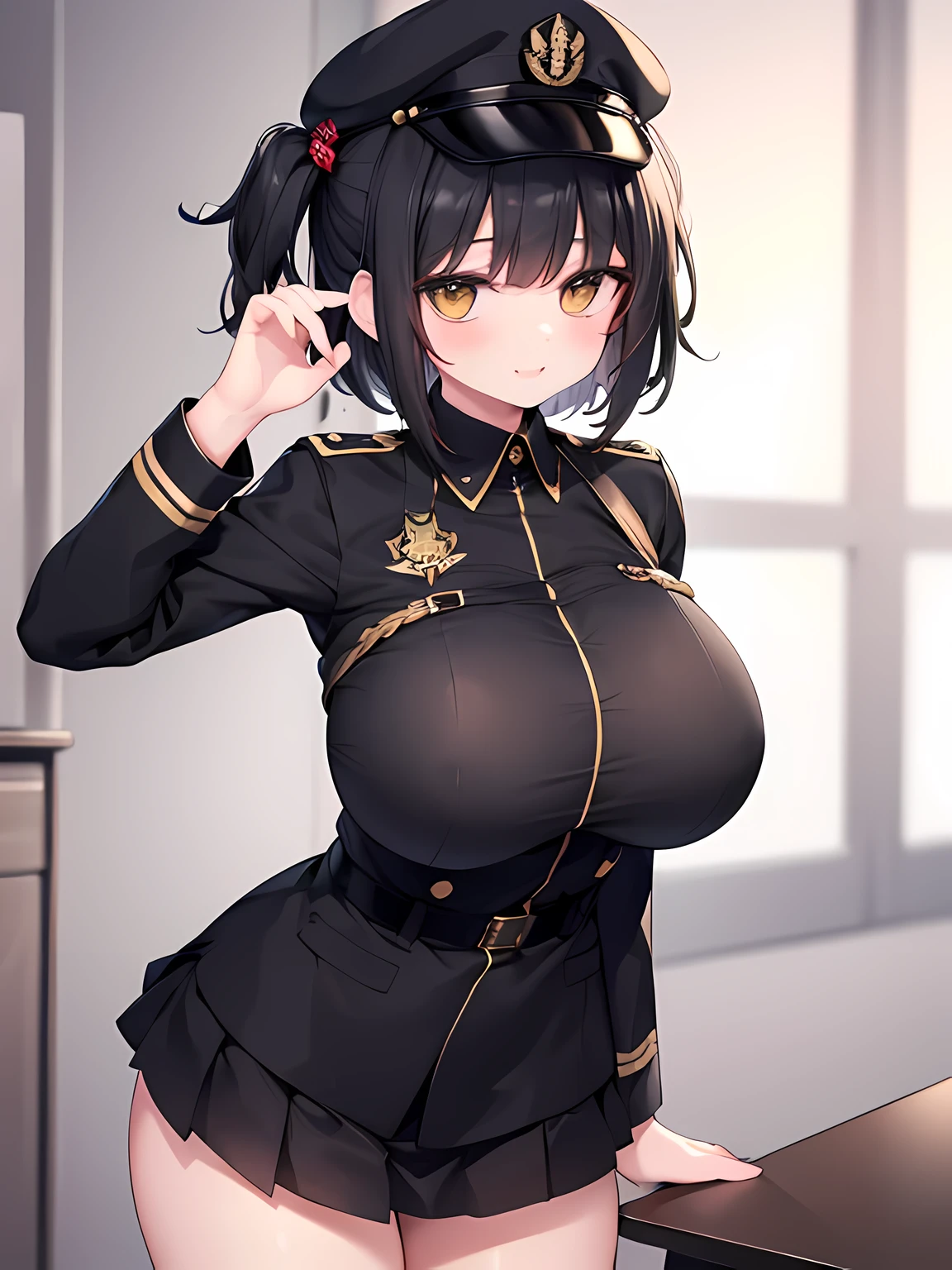 master piece,best quality,(super detail),perfect writing, Highly detailed CG,Super detailed,(highly detailed eyes,very cute face,highly detailed face:1.3),beautiful anime girl,(solo girl),(super huge breasts:1.6),(black hair,short hair,2 side up:1.5),(big yellow eyes:1.1),(low length),jitome,(smile full of joy),open your mouth,break,(military costume,black military uniform,Black military cap:1.5),black pleated skirt