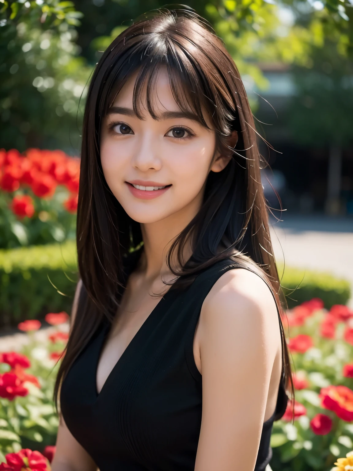 (highest quality,masterpiece:1.3,ultra high resolution),(Super detailed,caustics),(realistic:1.4,RAW shooting),1 girl,flat bangs、look at the camera with a smile、Blurred background、(colorful、flower garden), Vibrant color saturation