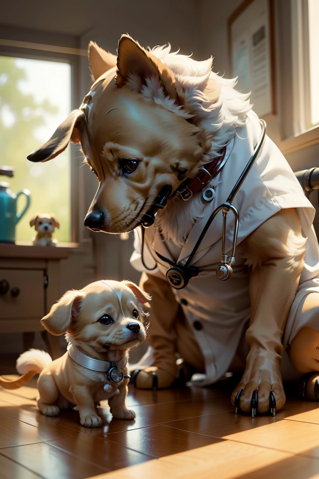 In a fascinating scene, a small dog wearing a tiny lab coat and stethoscope examines a toy patient with great concentration. The sunlight filters in through the window, casting a warm and photorealistic glow onto the scene, highlighting every detail of the dog's fur and the toys' textures. The room is neatly arranged with medical instruments, adding to the realistic atmosphere. The small paws of the dog move deftly as it checks the toy's vitals, while its keen eyes scrutinize each detail. This charming and unexpected depiction of a canine doctor adds an element of whimsy and delight to the image.